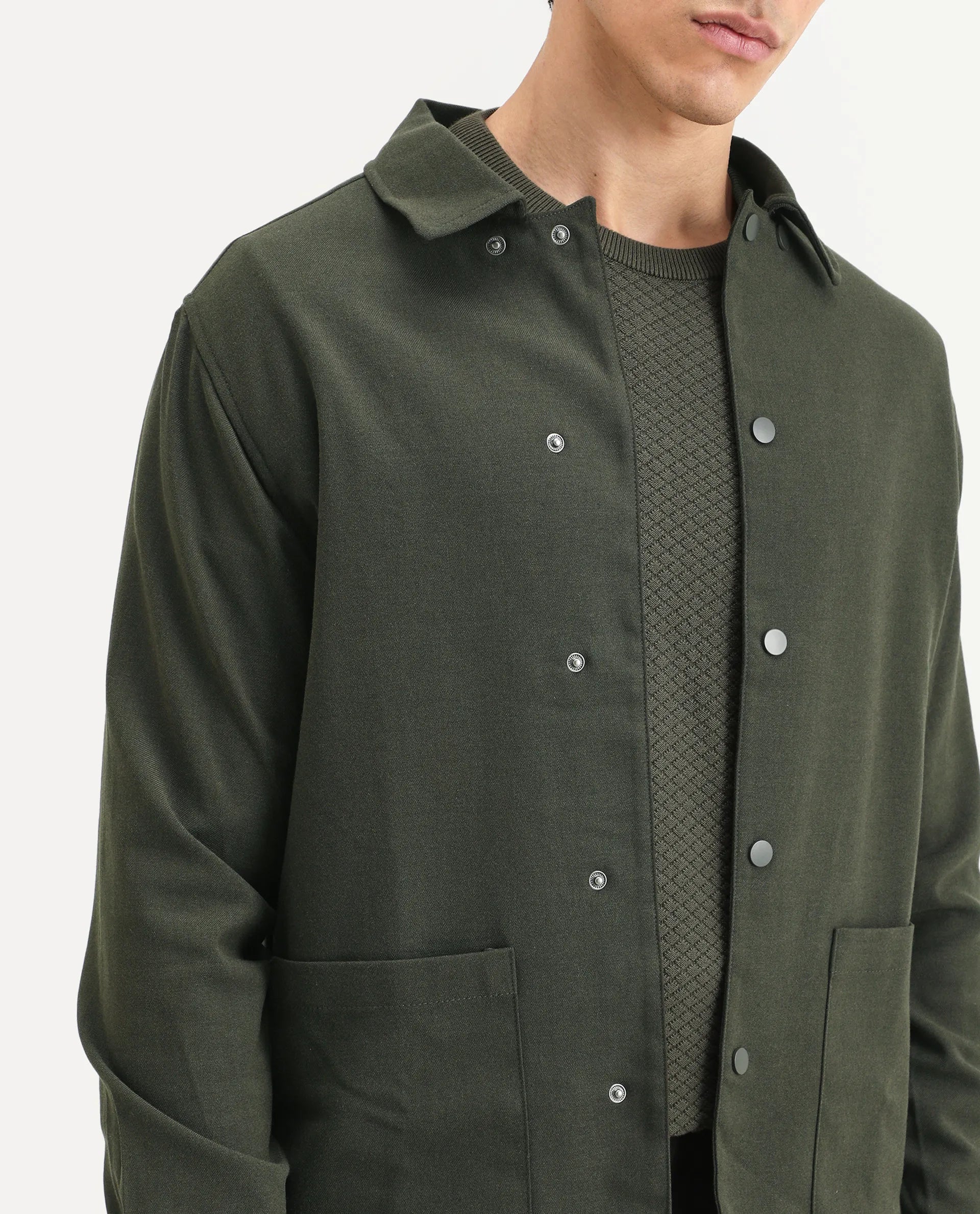 Rare Rabbit Men's Brant Olive Rayon Plain Relaxed Fit Full Sleeve Collared Shacket