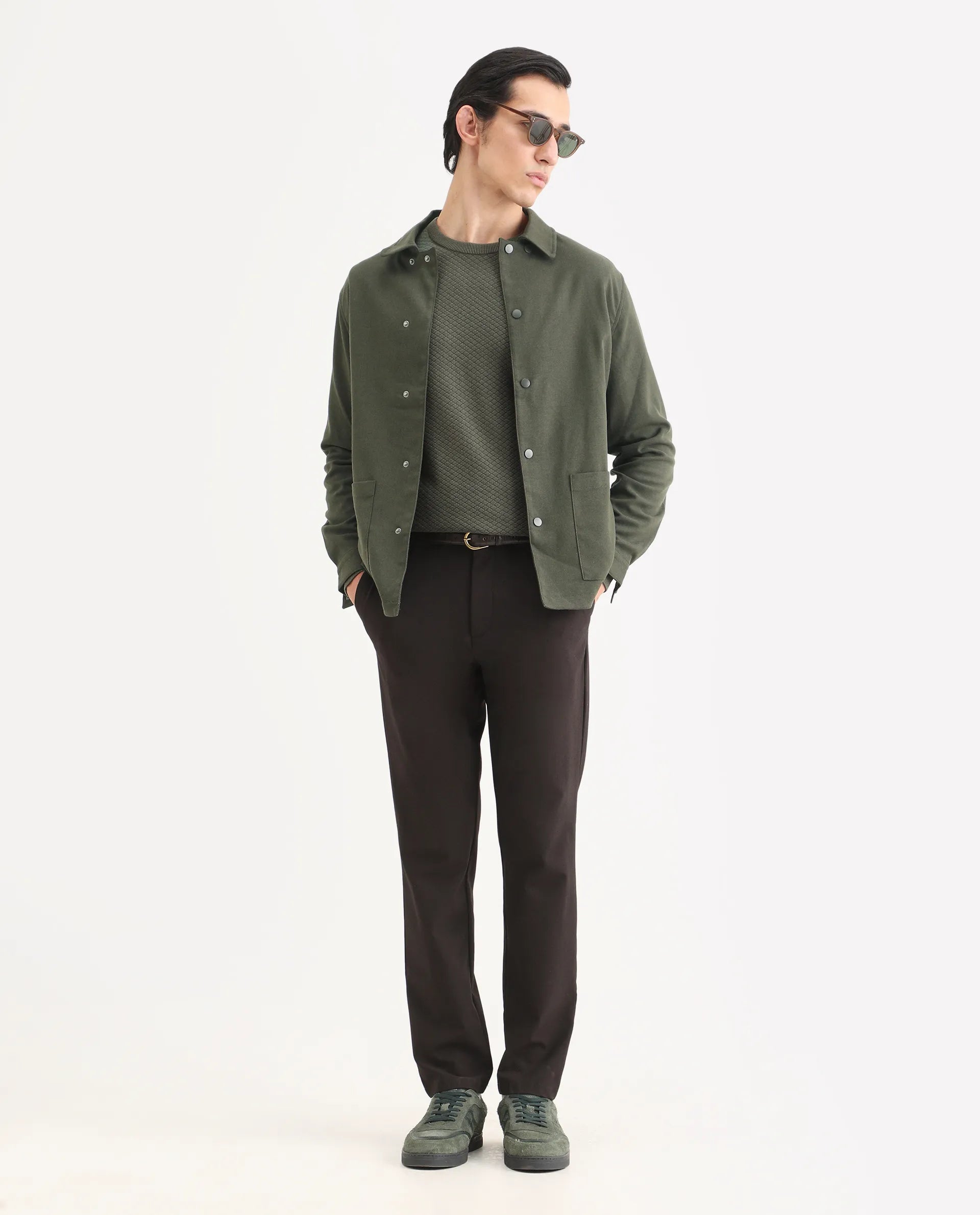 Rare Rabbit Men's Brant Olive Rayon Plain Relaxed Fit Full Sleeve Collared Shacket