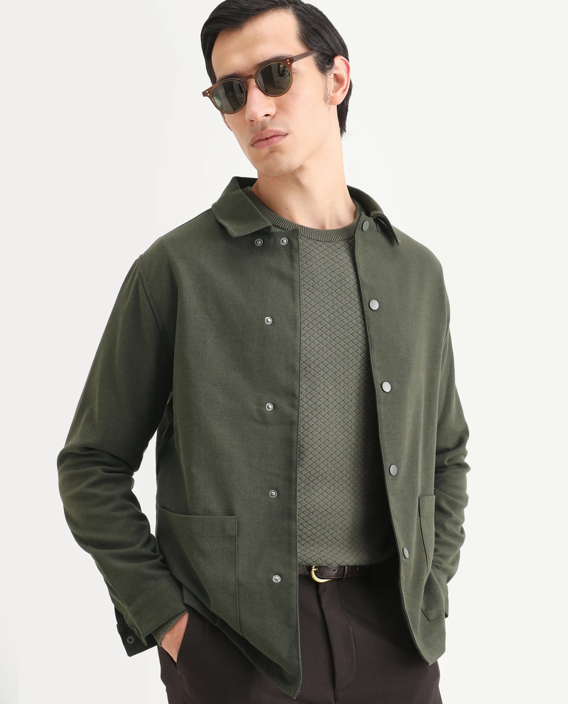 Rare Rabbit Men's Brant Olive Rayon Plain Relaxed Fit Full Sleeve Collared Shacket