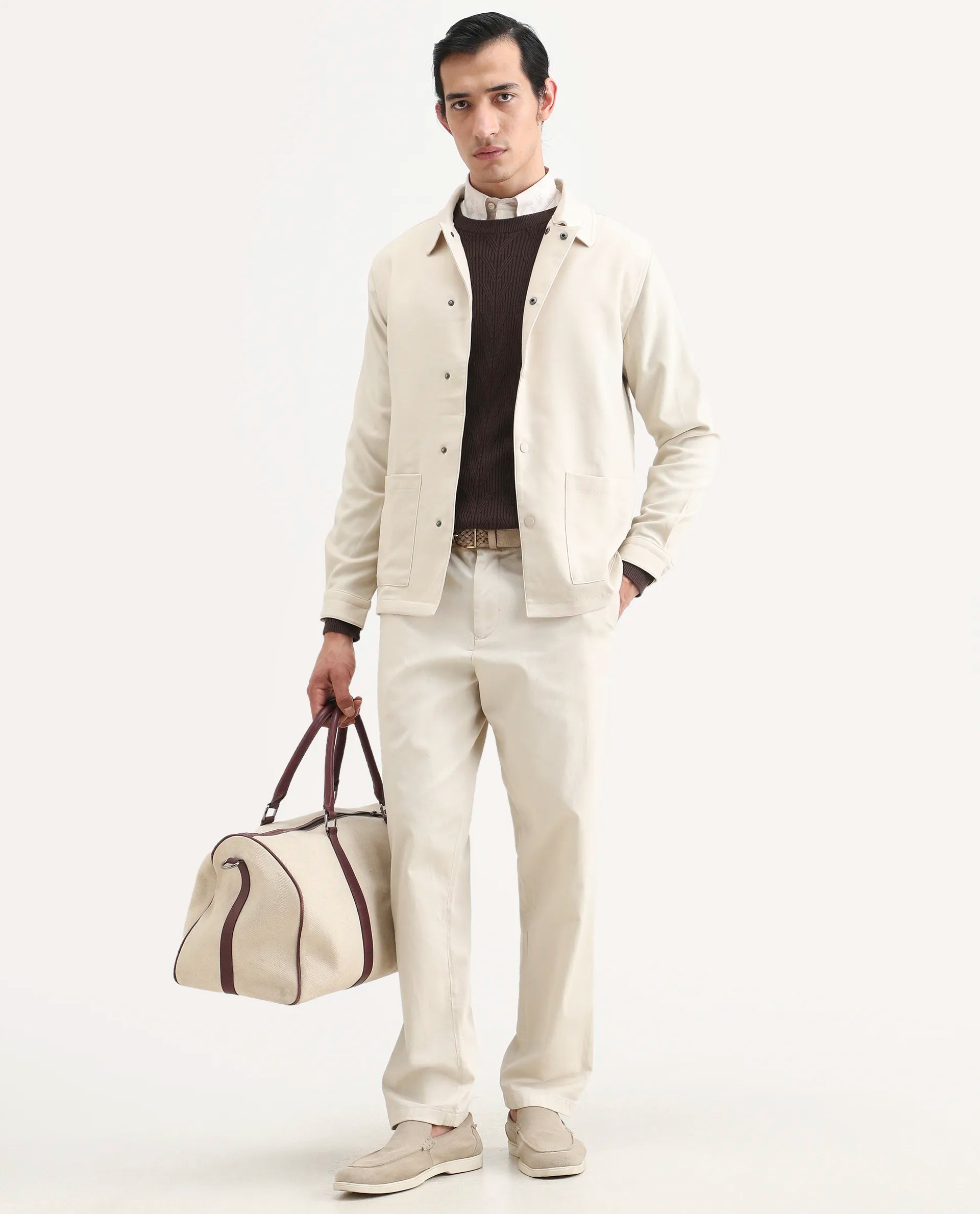 Rare Rabbit Men's Brant Off White Rayon Plain Relaxed Fit Full Sleeve Collared Shacket