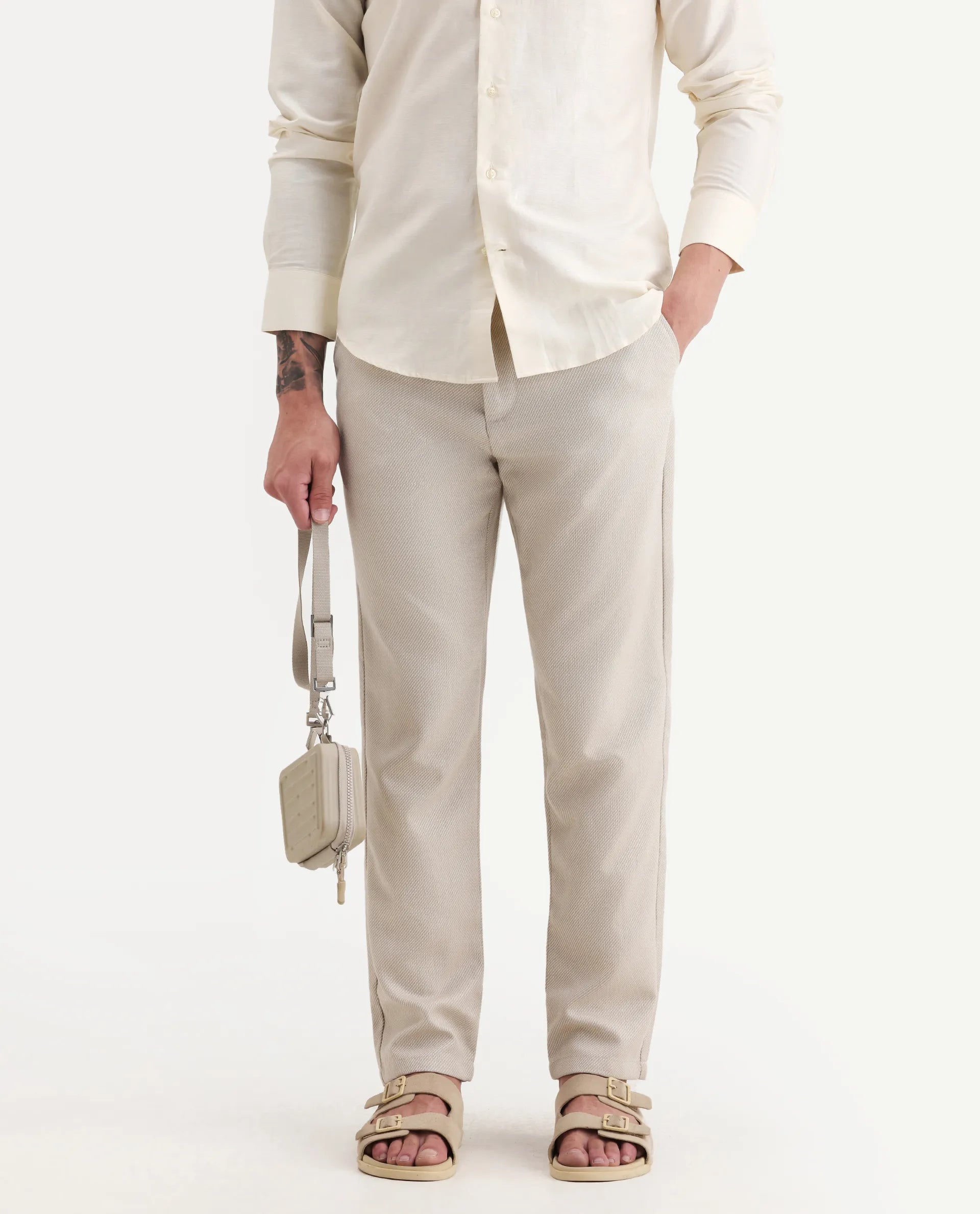 Rare Rabbit Men's Polyester Blend Plain Regular Fit Trouser