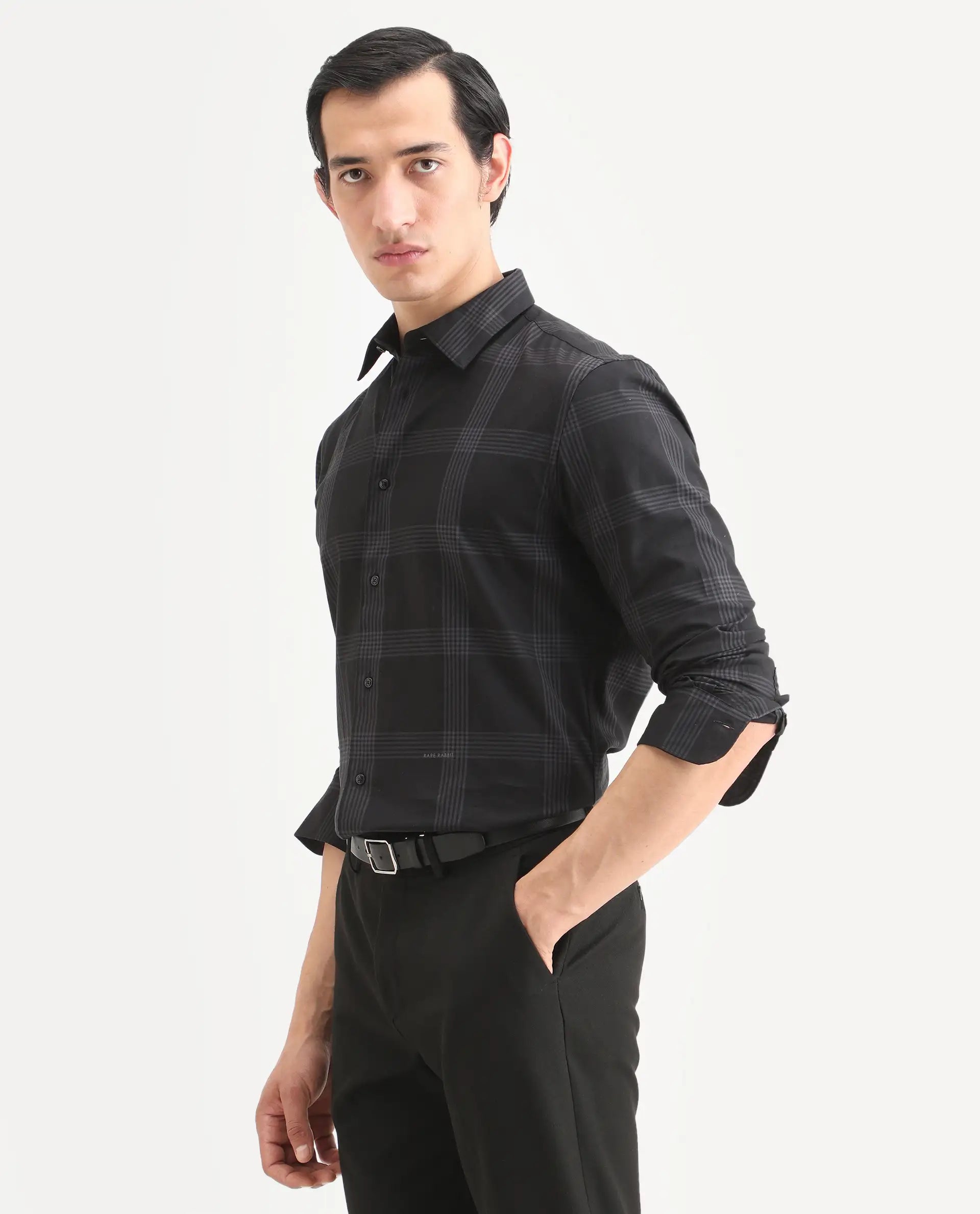 Rare Rabbit Men's Mestor Black Checked Print Regular Fit Full Sleeve Collared Shirt