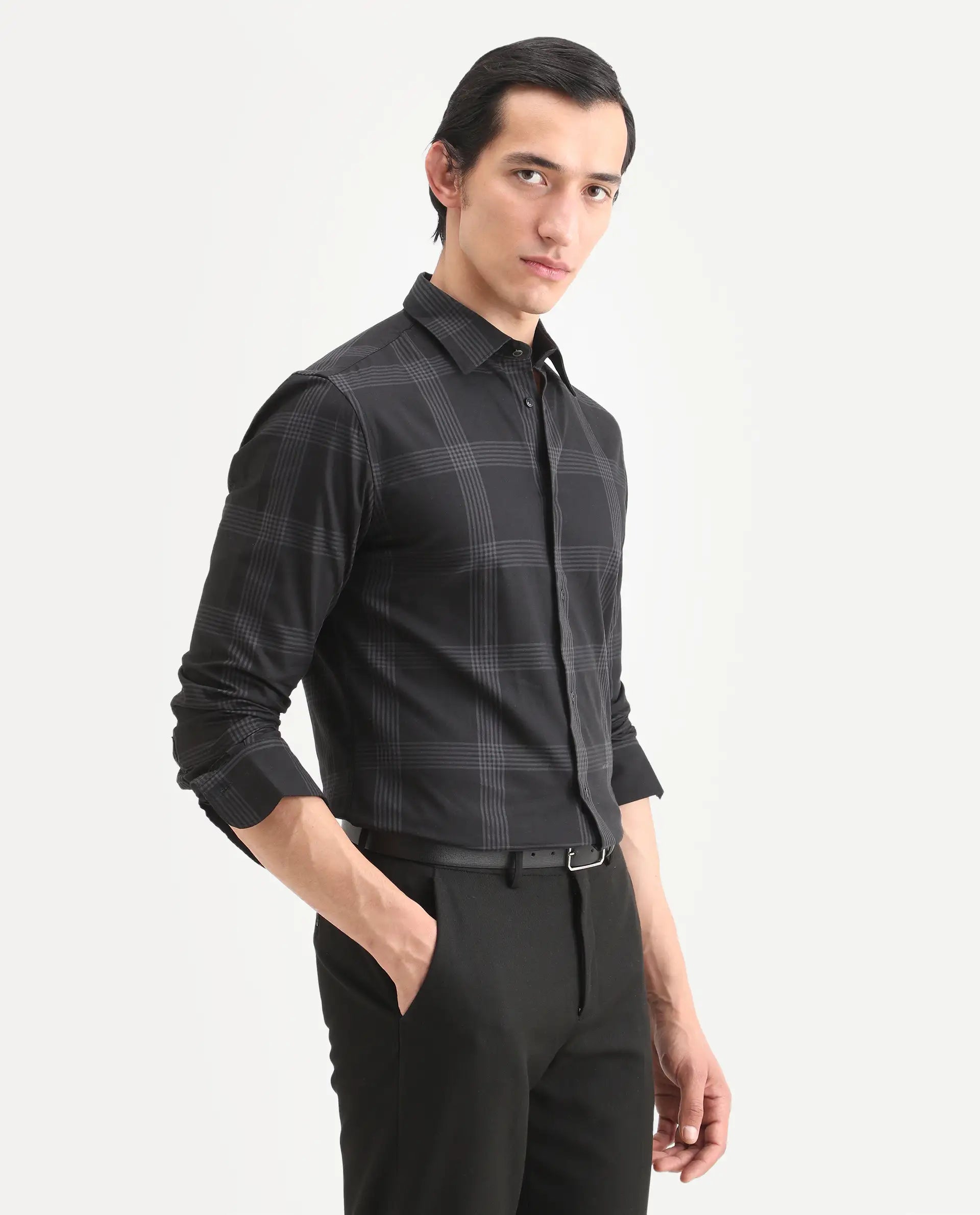 Rare Rabbit Men's Mestor Black Checked Print Regular Fit Full Sleeve Collared Shirt