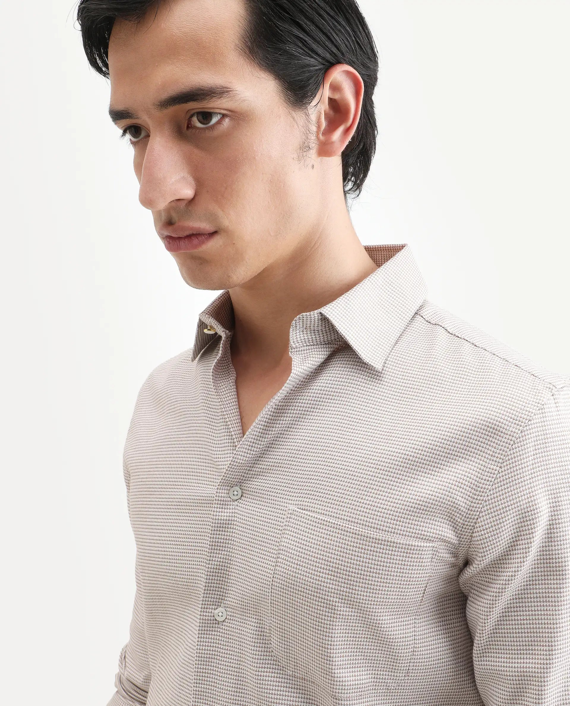 Rare Rabbit Men's Fresno Beige Cotton Dobby Print Regular Fit Full Sleeve Collared Shirt