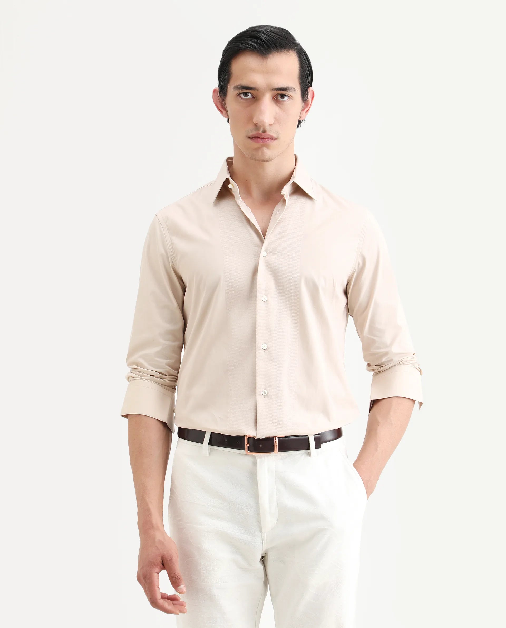 Rare Rabbit Men's Pedron Beige Cotton Plain Regular Fit Full Sleeve Collared Shirt