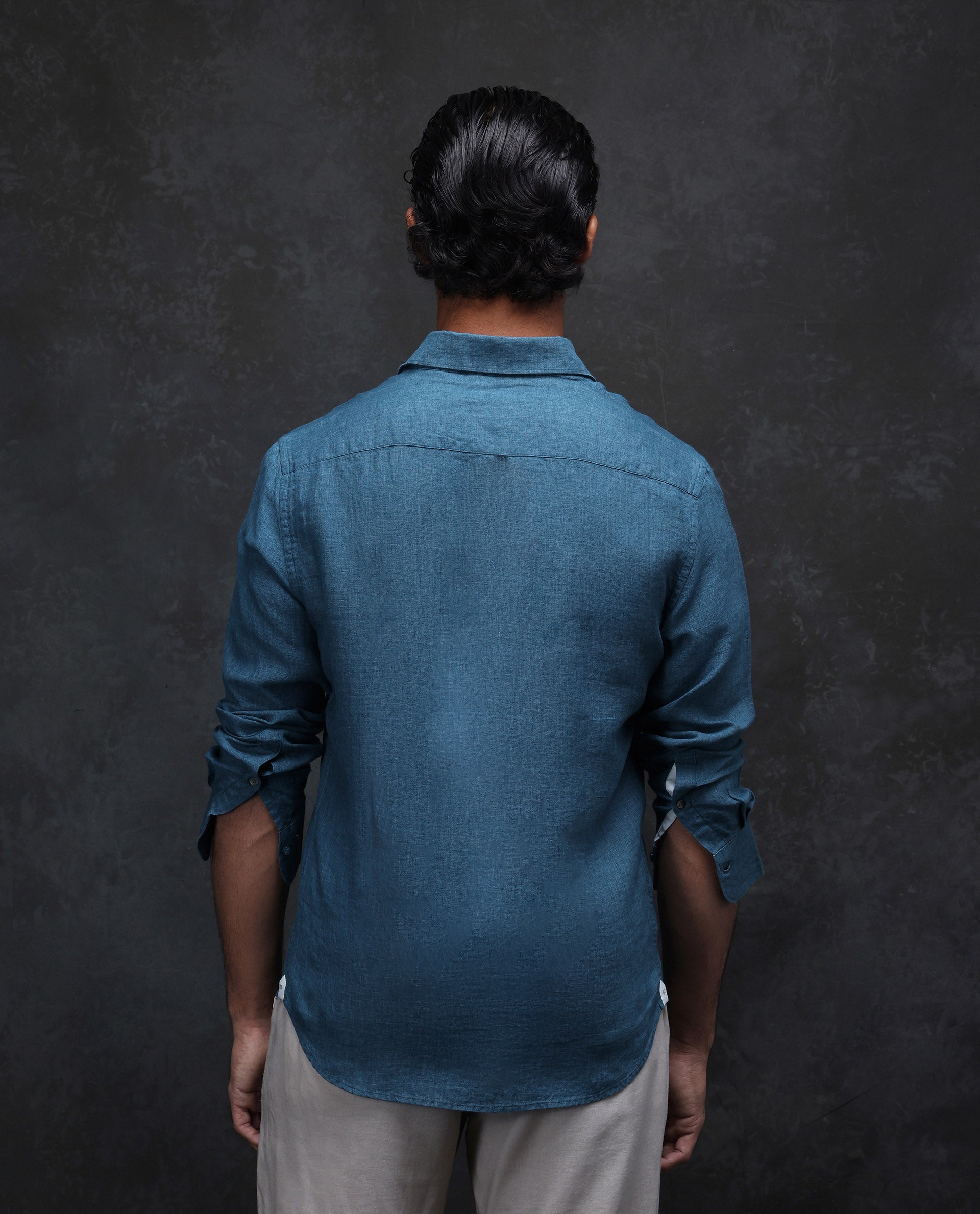 Rare Rabbit Men's Dalin Blue 100% Linen Plain Regular Fit Full Sleeve Collared Shirt