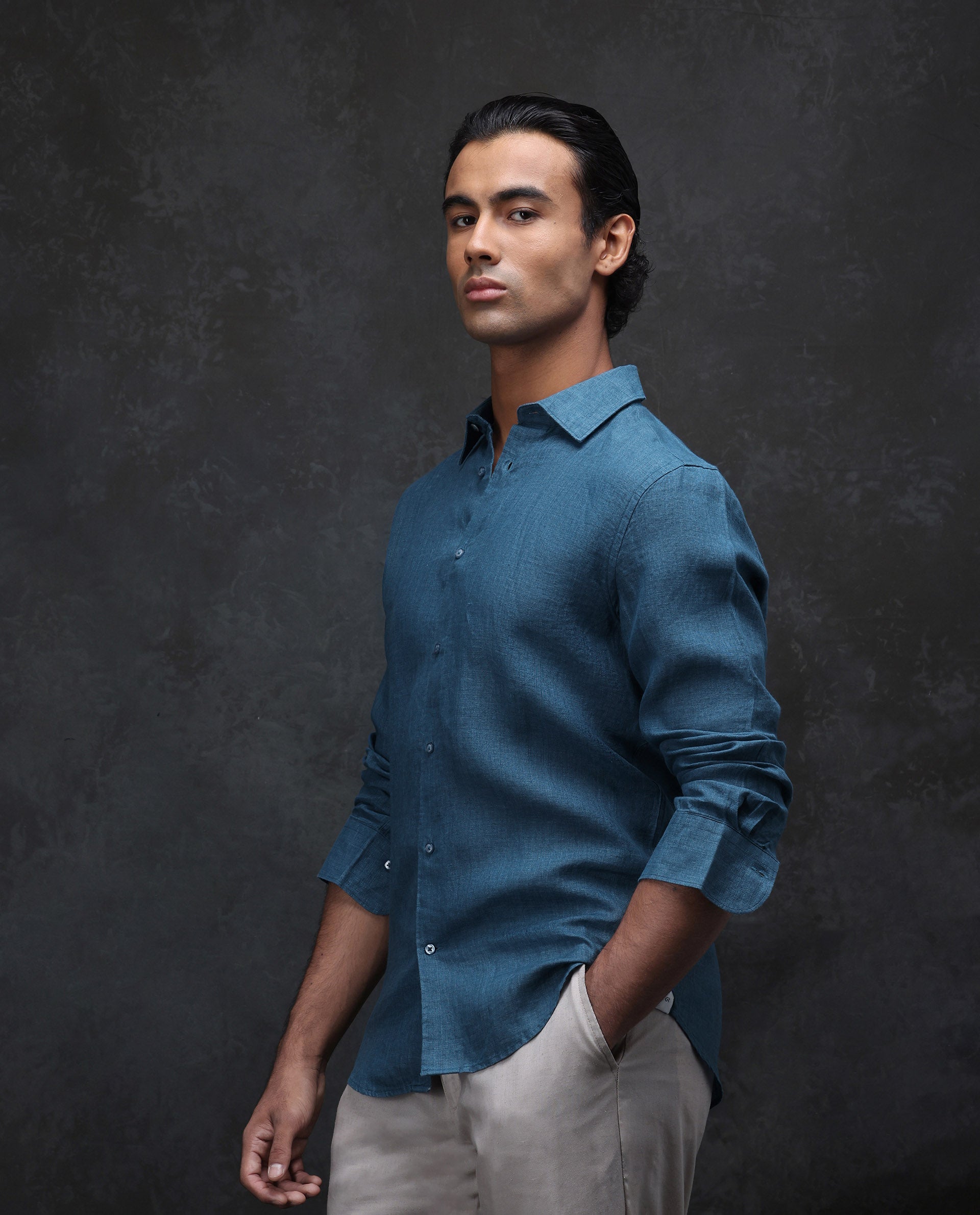 Rare Rabbit Men's Dalin Blue 100% Linen Plain Regular Fit Full Sleeve Collared Shirt