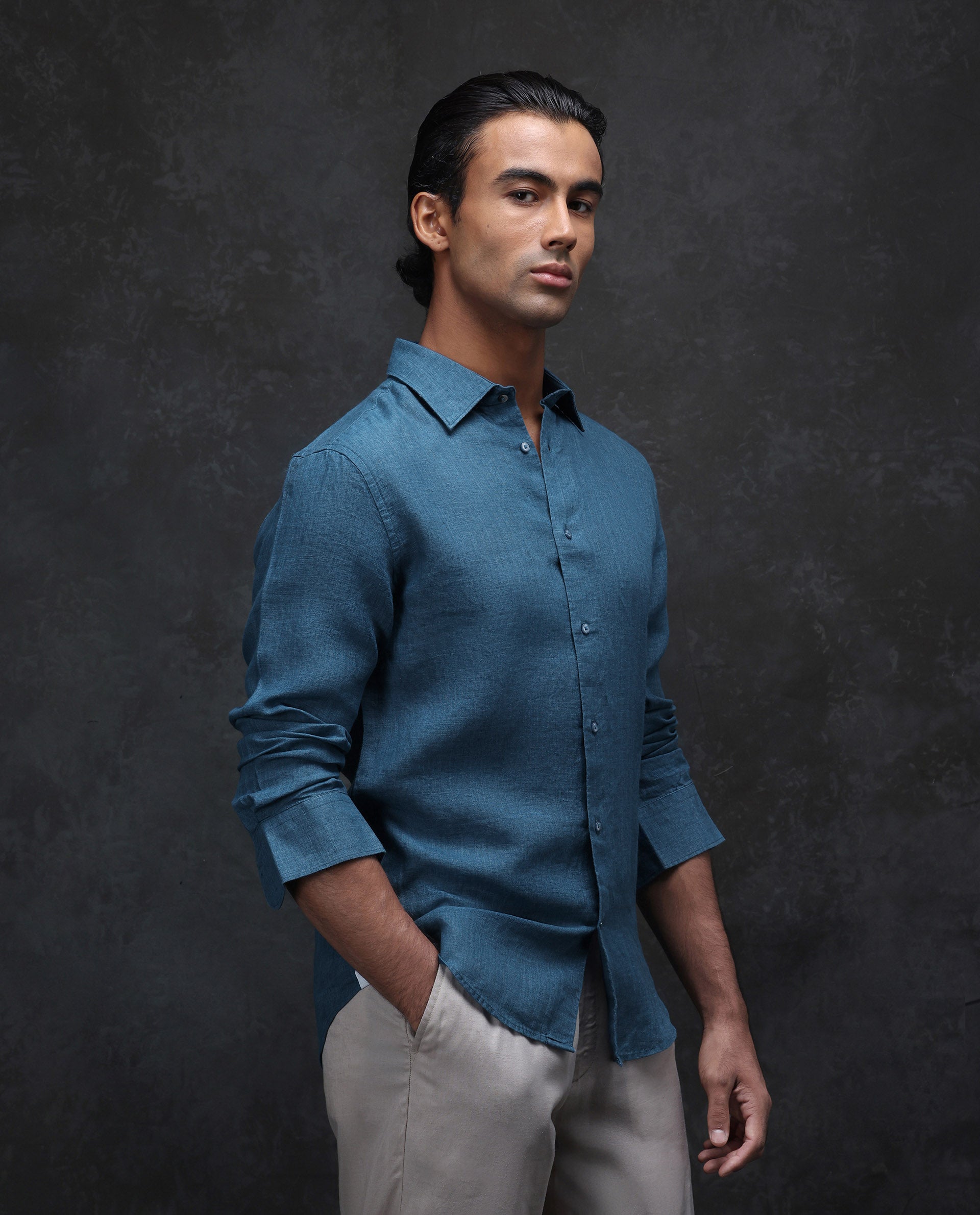 Rare Rabbit Men's Dalin Blue 100% Linen Plain Regular Fit Full Sleeve Collared Shirt