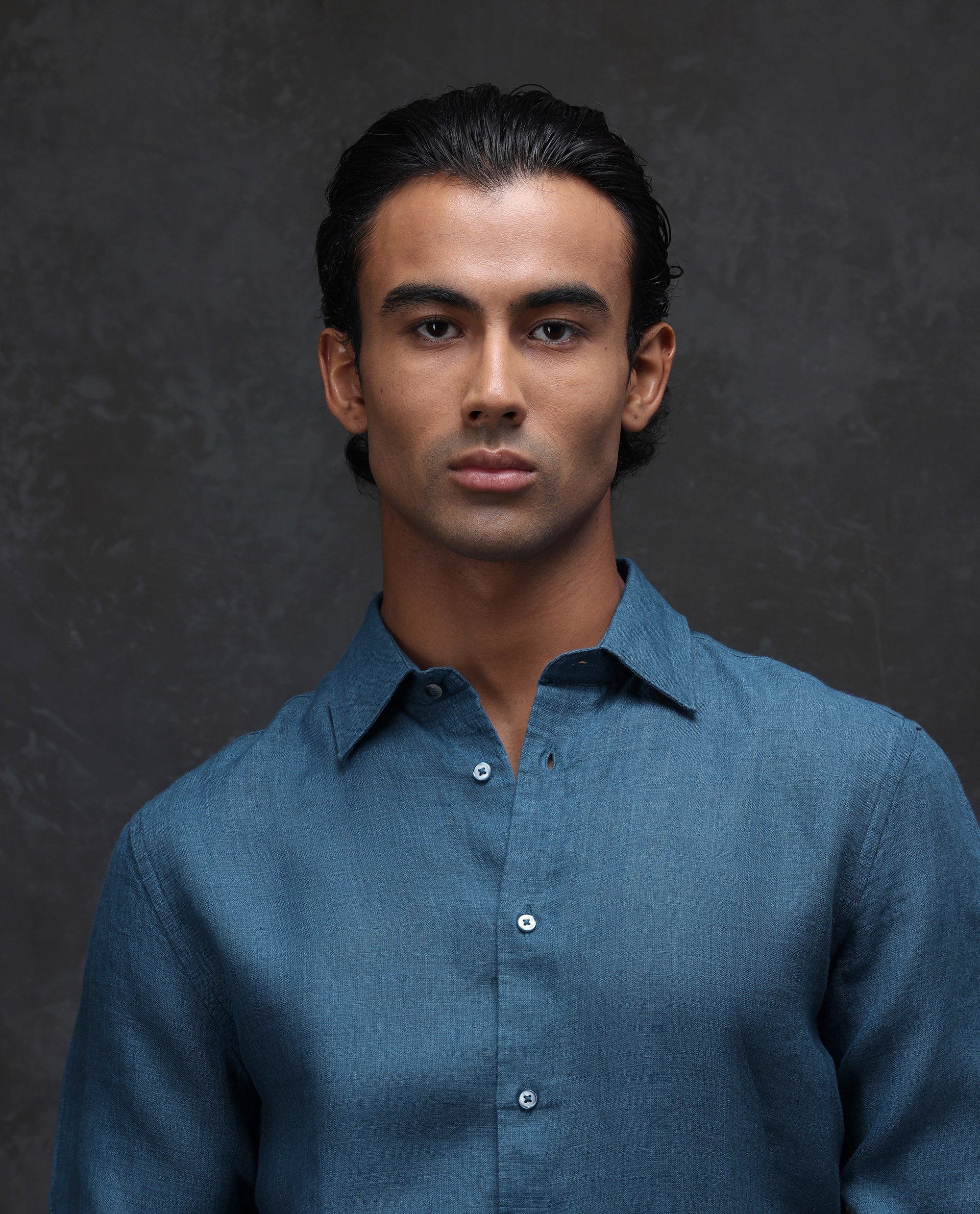 Rare Rabbit Men's Dalin Blue 100% Linen Plain Regular Fit Full Sleeve Collared Shirt