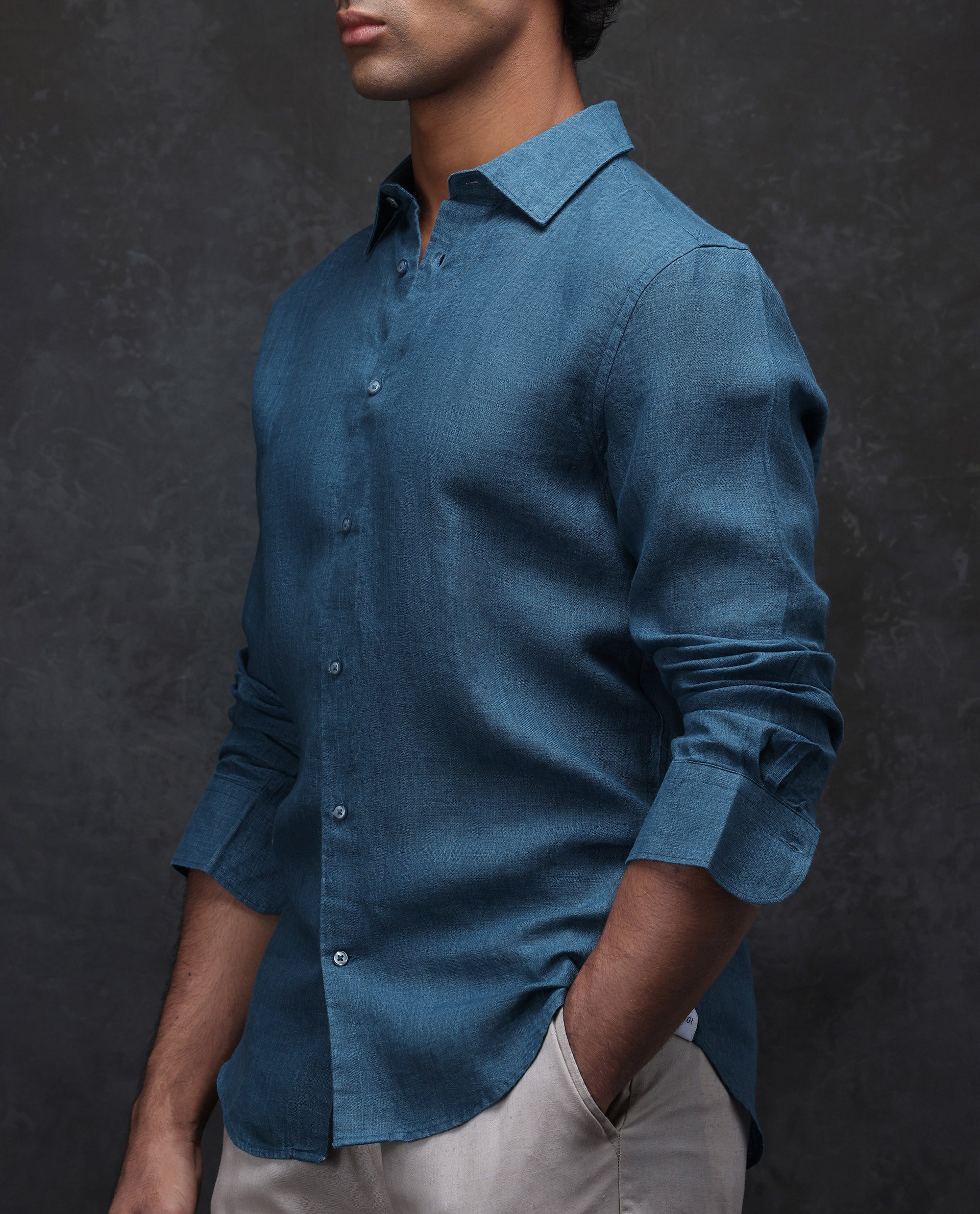 Rare Rabbit Men's Dalin Blue 100% Linen Plain Regular Fit Full Sleeve Collared Shirt