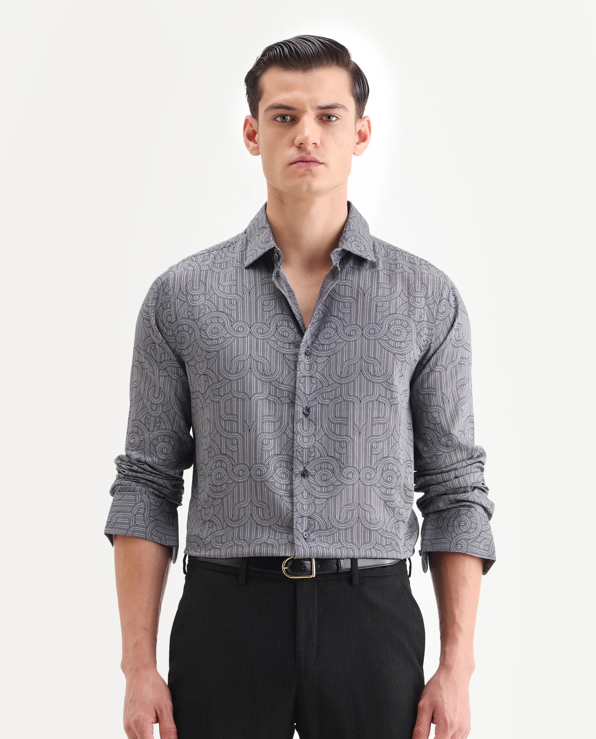 Rare Rabbit Men's Orly - Dark Grey Cotton Decorative Print Regular Fit Full Sleeve Collared Shirt