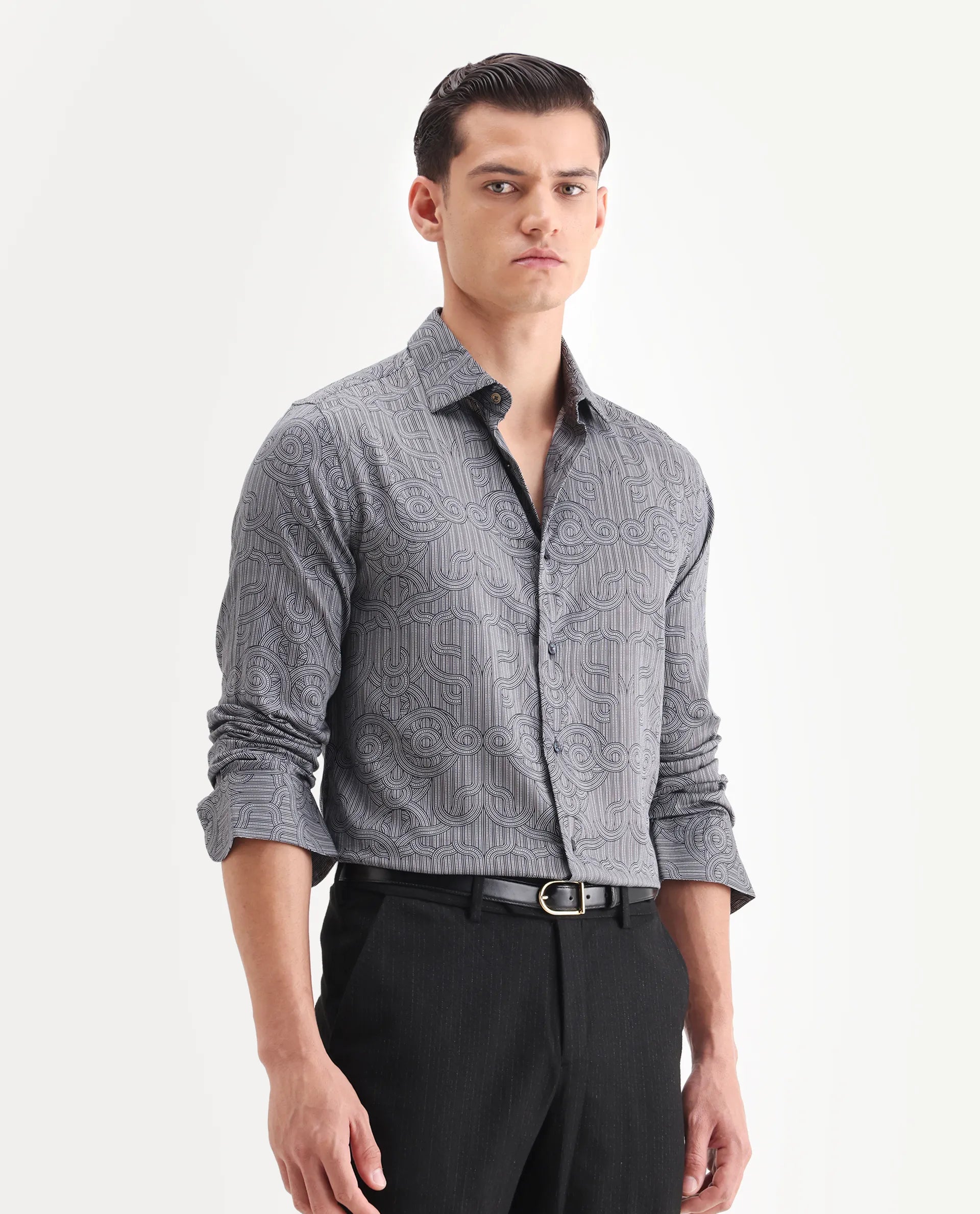 Rare Rabbit Men's Orly - Dark Grey Cotton Decorative Print Regular Fit Full Sleeve Collared Shirt