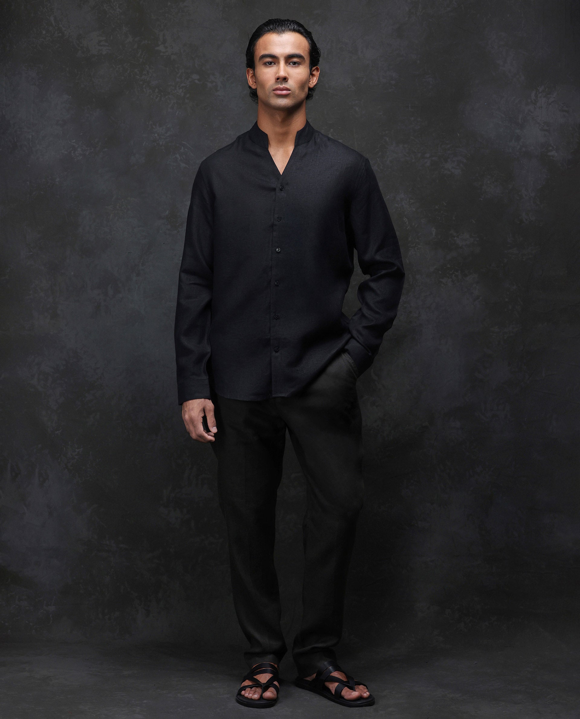 Rare Rabbit Men's Fig Black 100% Linen Plain Regular Fit Full Sleeve Mandarin Collar Shirt