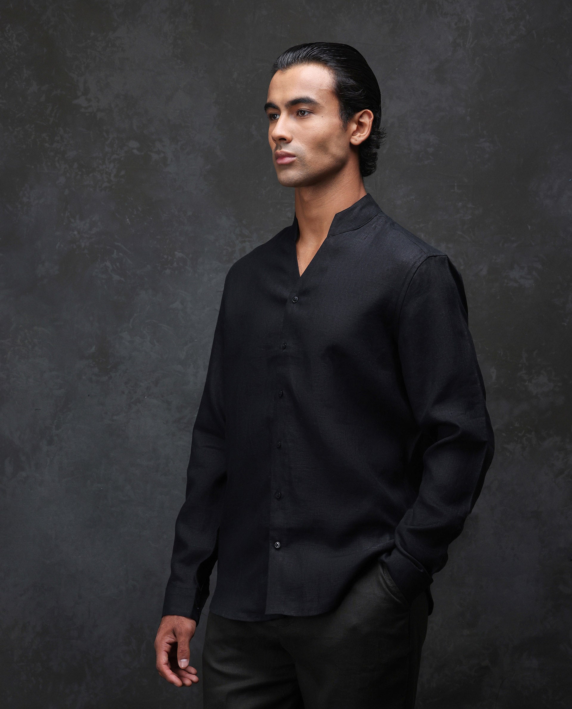 Rare Rabbit Men's Fig Black 100% Linen Plain Regular Fit Full Sleeve Mandarin Collar Shirt