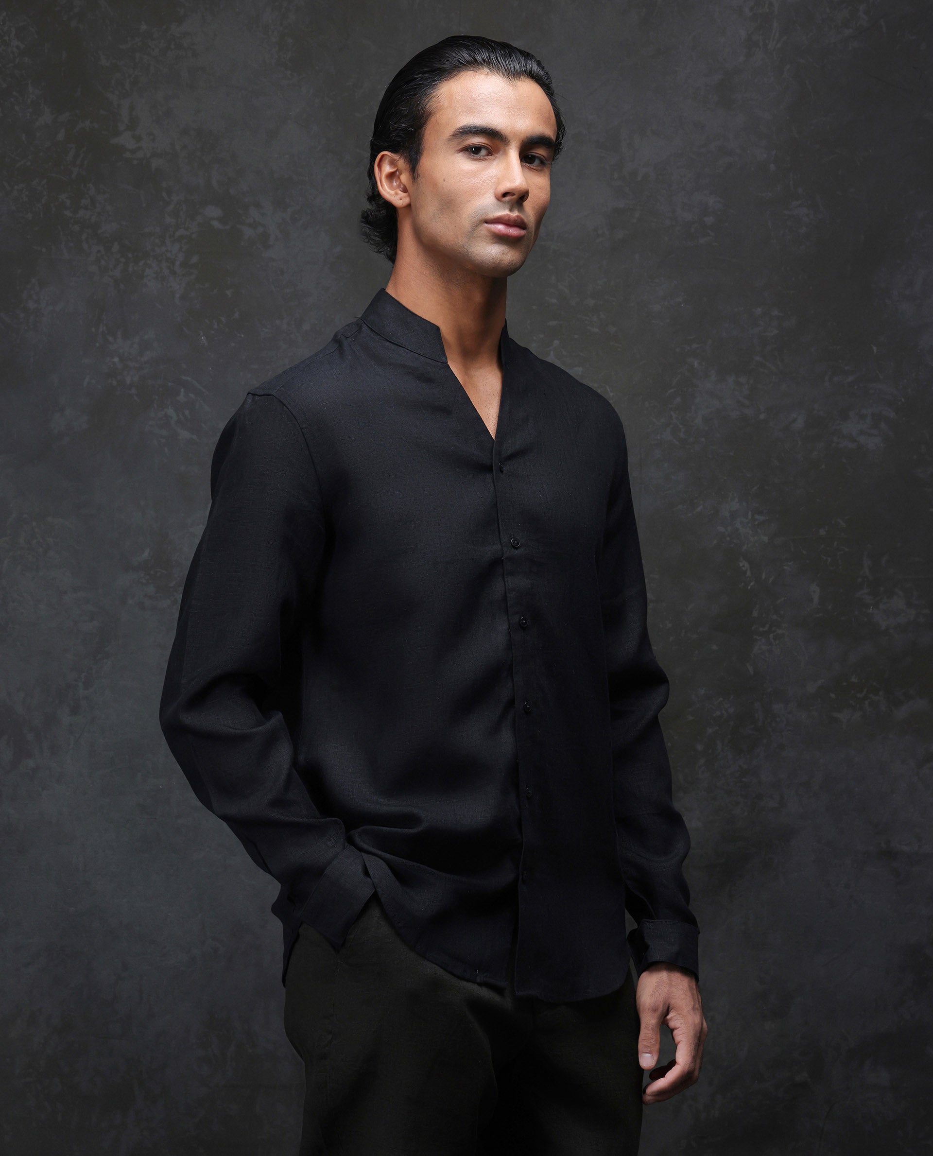 Rare Rabbit Men's Fig Black 100% Linen Plain Regular Fit Full Sleeve Mandarin Collar Shirt