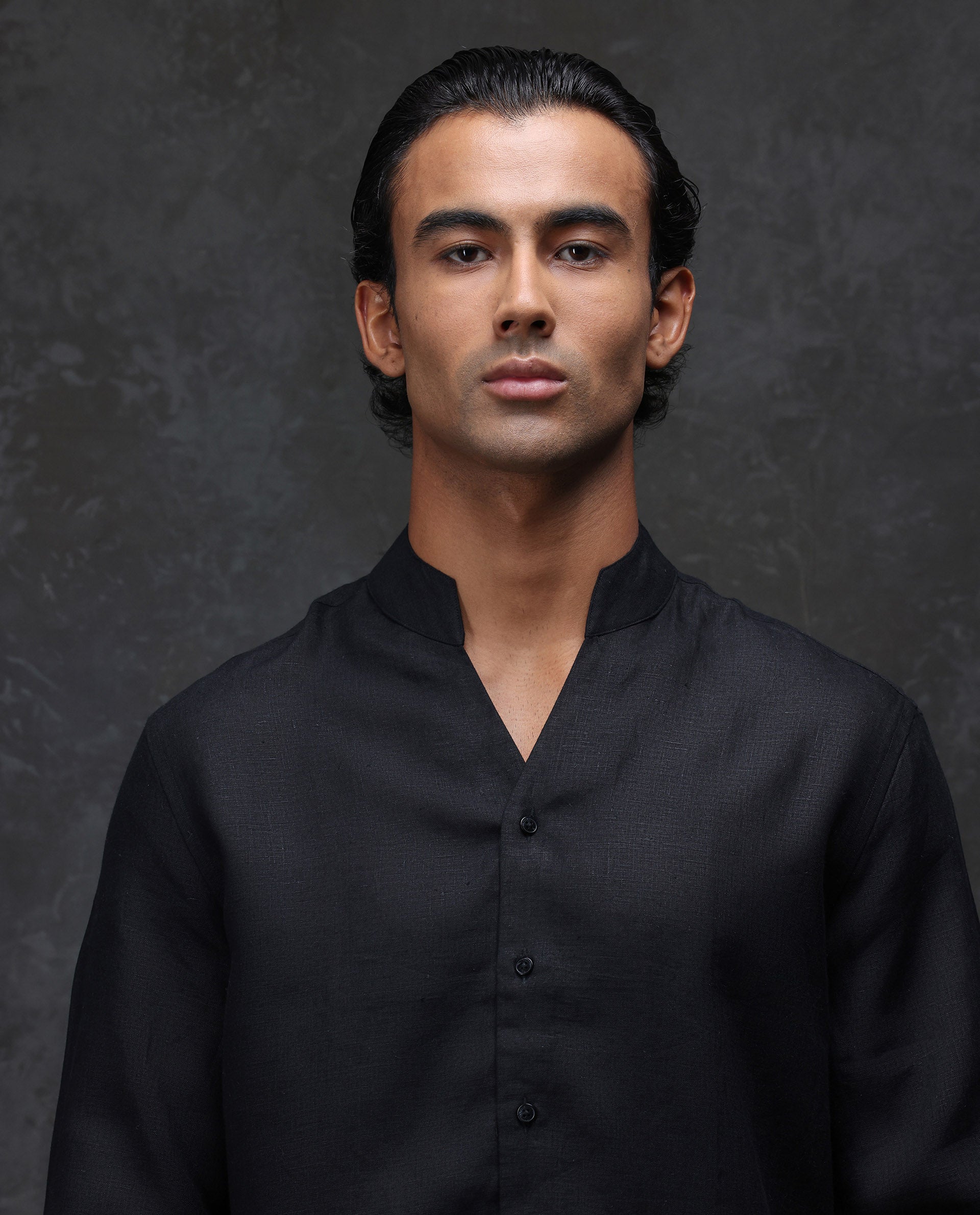 Rare Rabbit Men's Fig Black 100% Linen Plain Regular Fit Full Sleeve Mandarin Collar Shirt