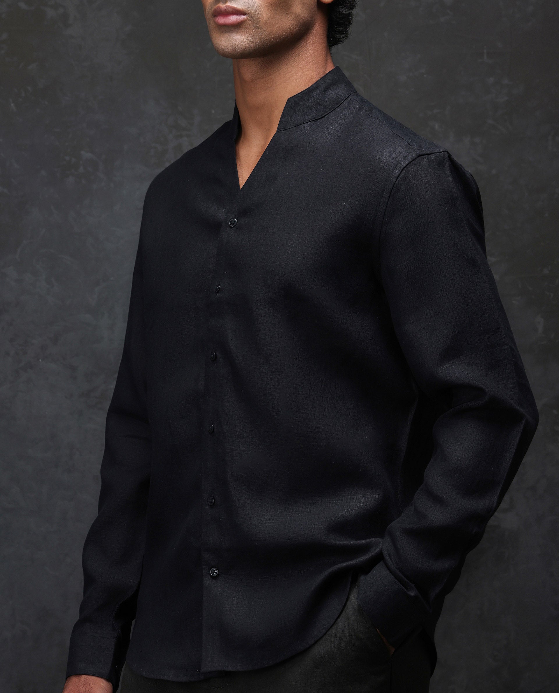 Rare Rabbit Men's Fig Black 100% Linen Plain Regular Fit Full Sleeve Mandarin Collar Shirt