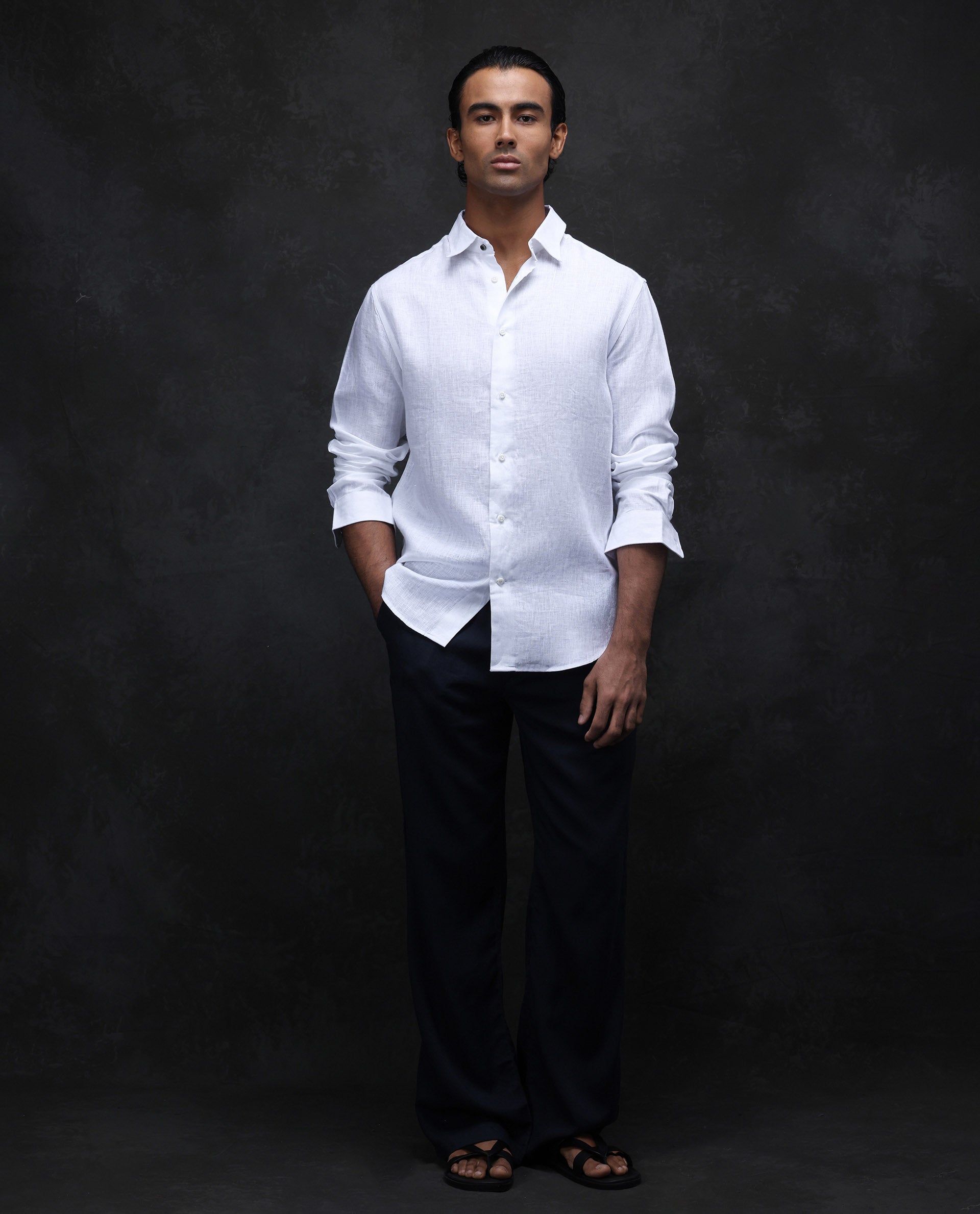 Rare Rabbit Men's Fign White 100% Linen Plain Regular Fit Full Sleeve Collared Shirt