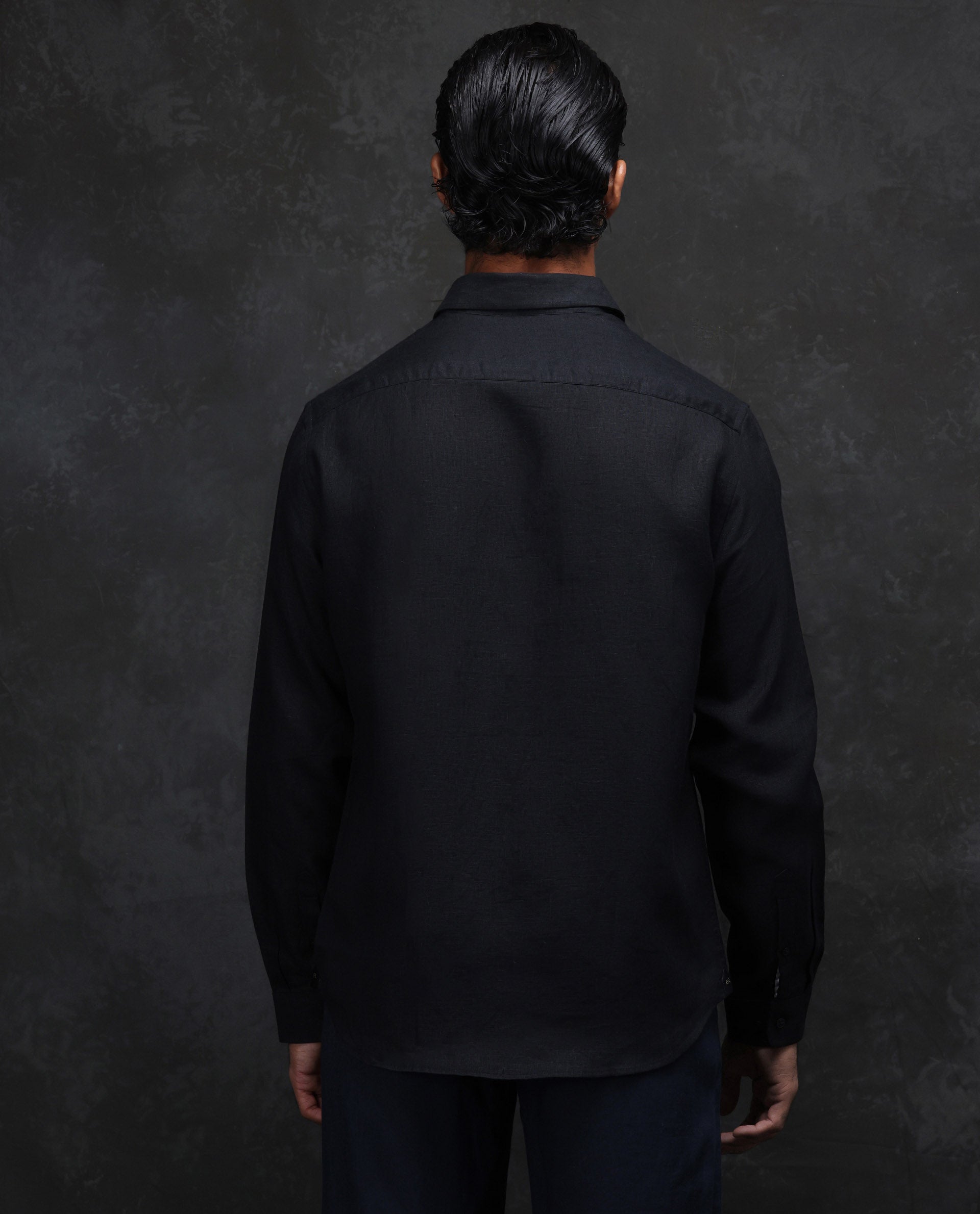 Rare Rabbit Men's Fign Black 100% Linen Plain Regular Fit Full Sleeve Collared Shirt