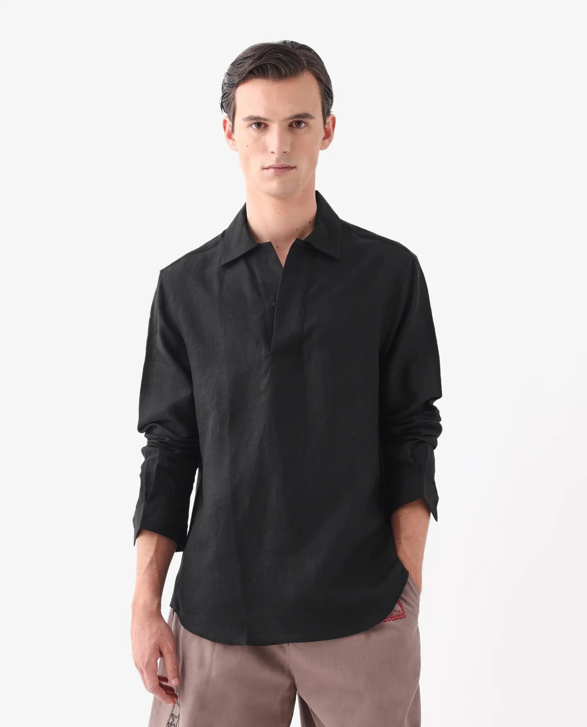 Rare Rabbit Men's Figh Black 100% Linen Plain Regular Fit Full Sleeve Collared Shirt