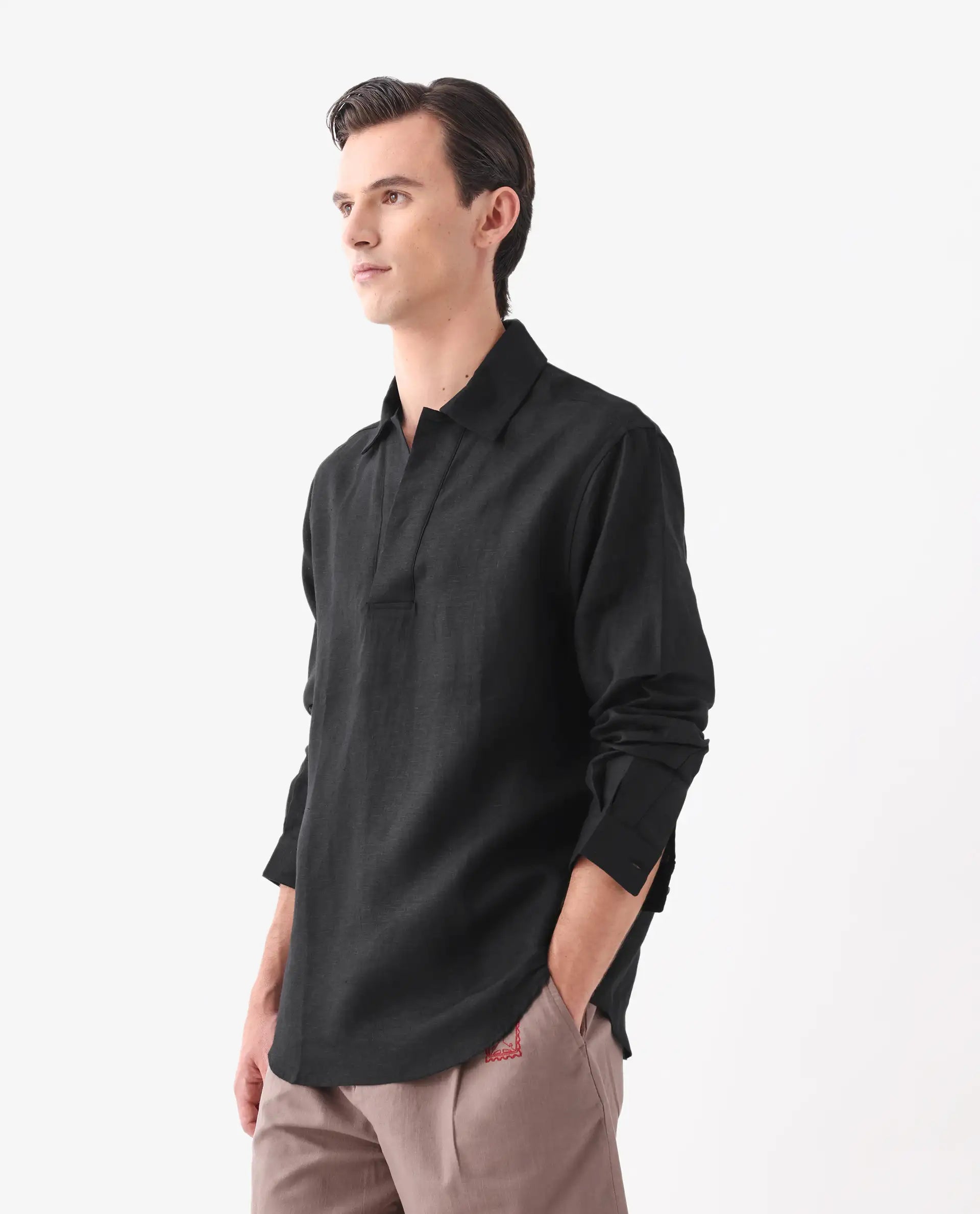 Rare Rabbit Men's Figh Black 100% Linen Plain Regular Fit Full Sleeve Collared Shirt