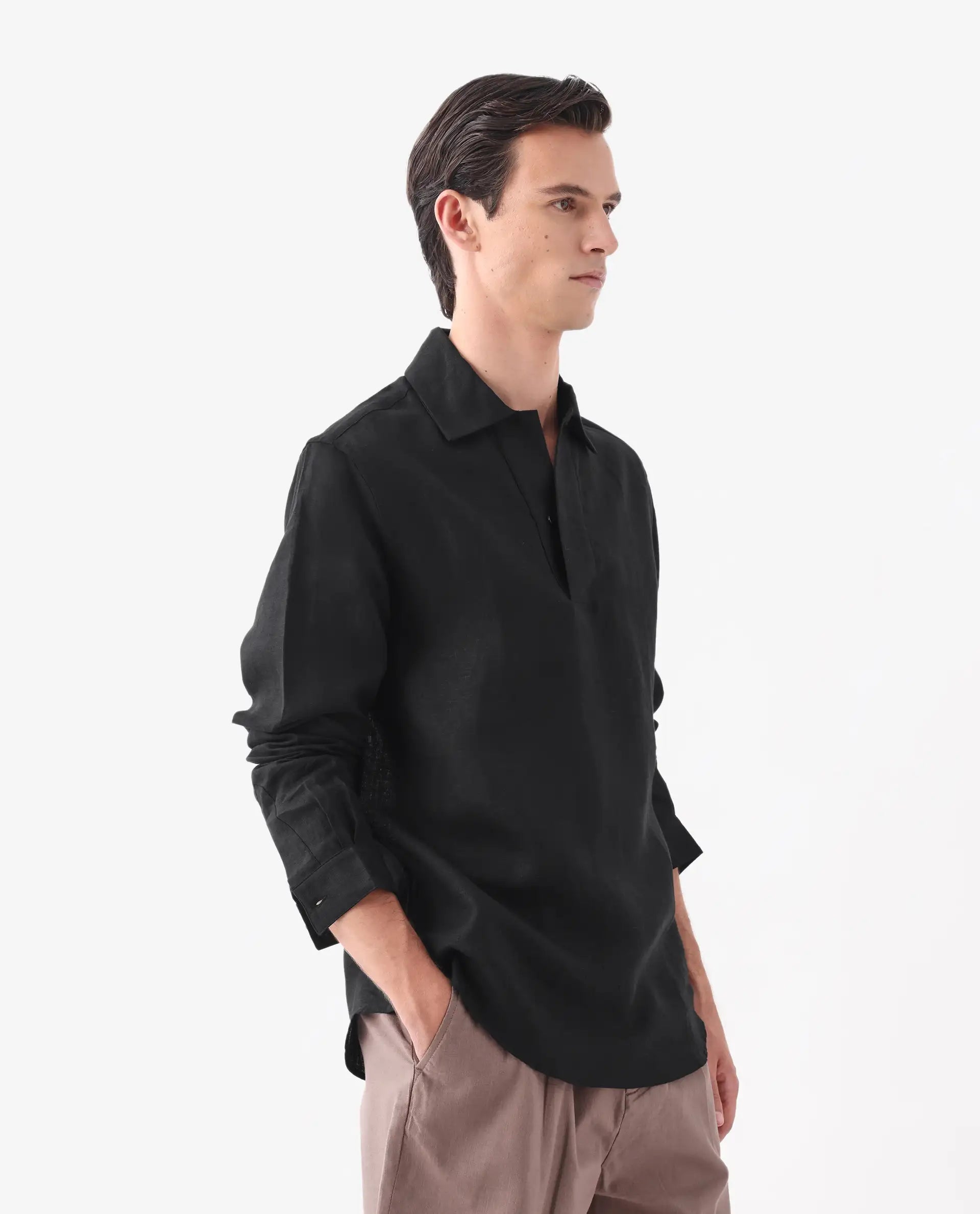 Rare Rabbit Men's Figh Black 100% Linen Plain Regular Fit Full Sleeve Collared Shirt