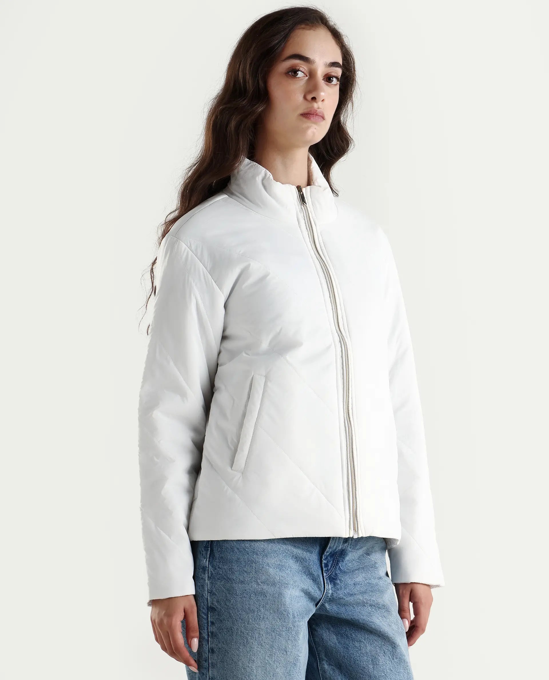 Rareism Women's Sapell Off White Polyester Stand Collar Geometric Print Boxy Fit Jacket