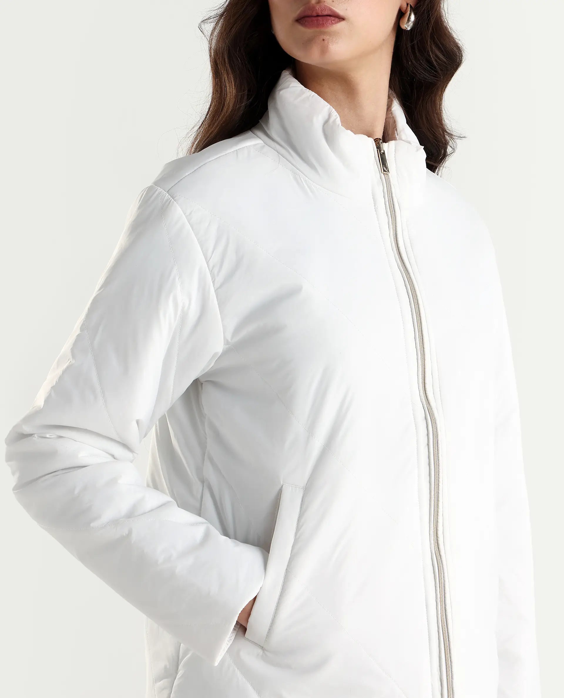 Rareism Women's Sapell Off White Polyester Stand Collar Geometric Print Boxy Fit Jacket