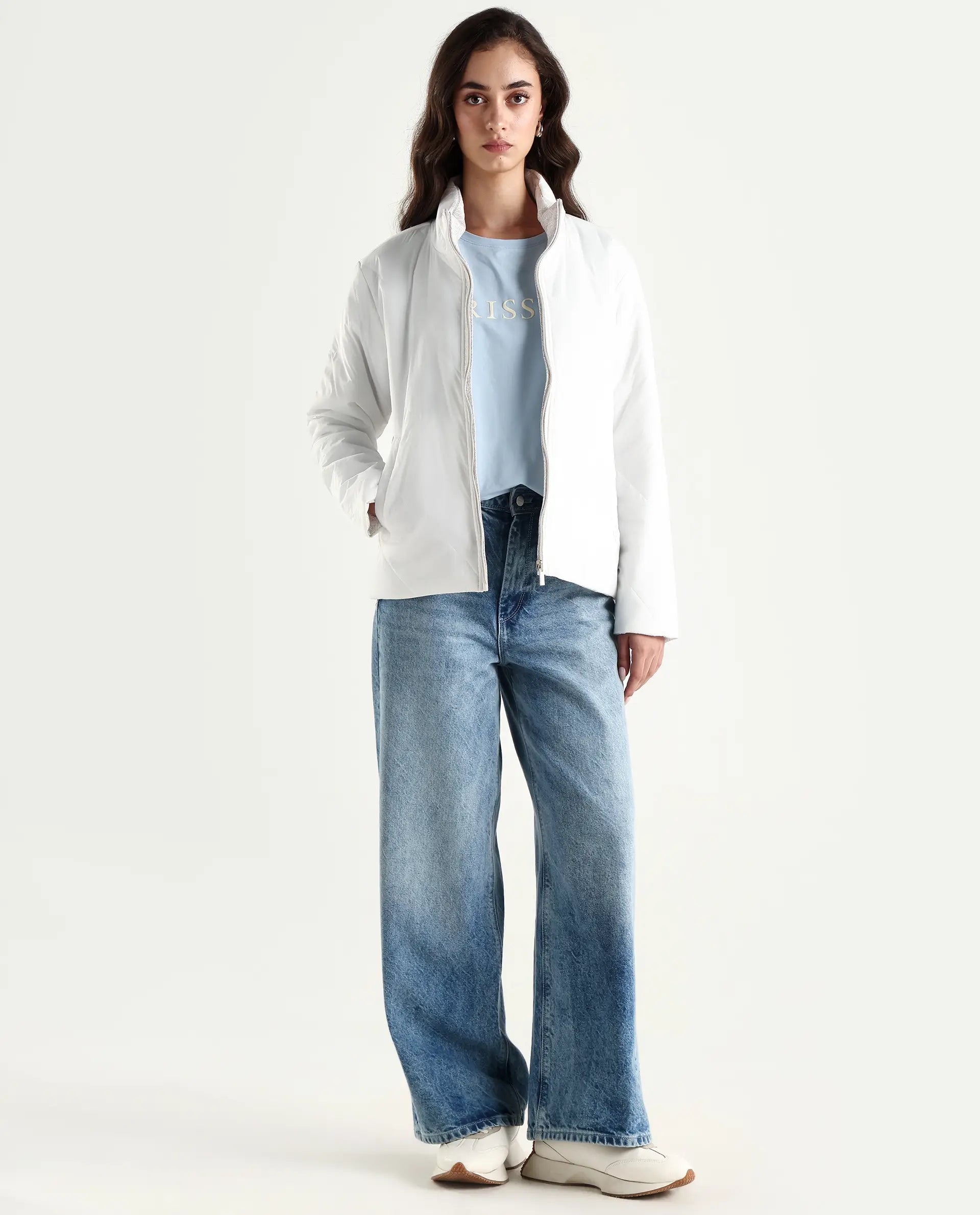 Rareism Women's Sapell Off White Polyester Stand Collar Geometric Print Boxy Fit Jacket