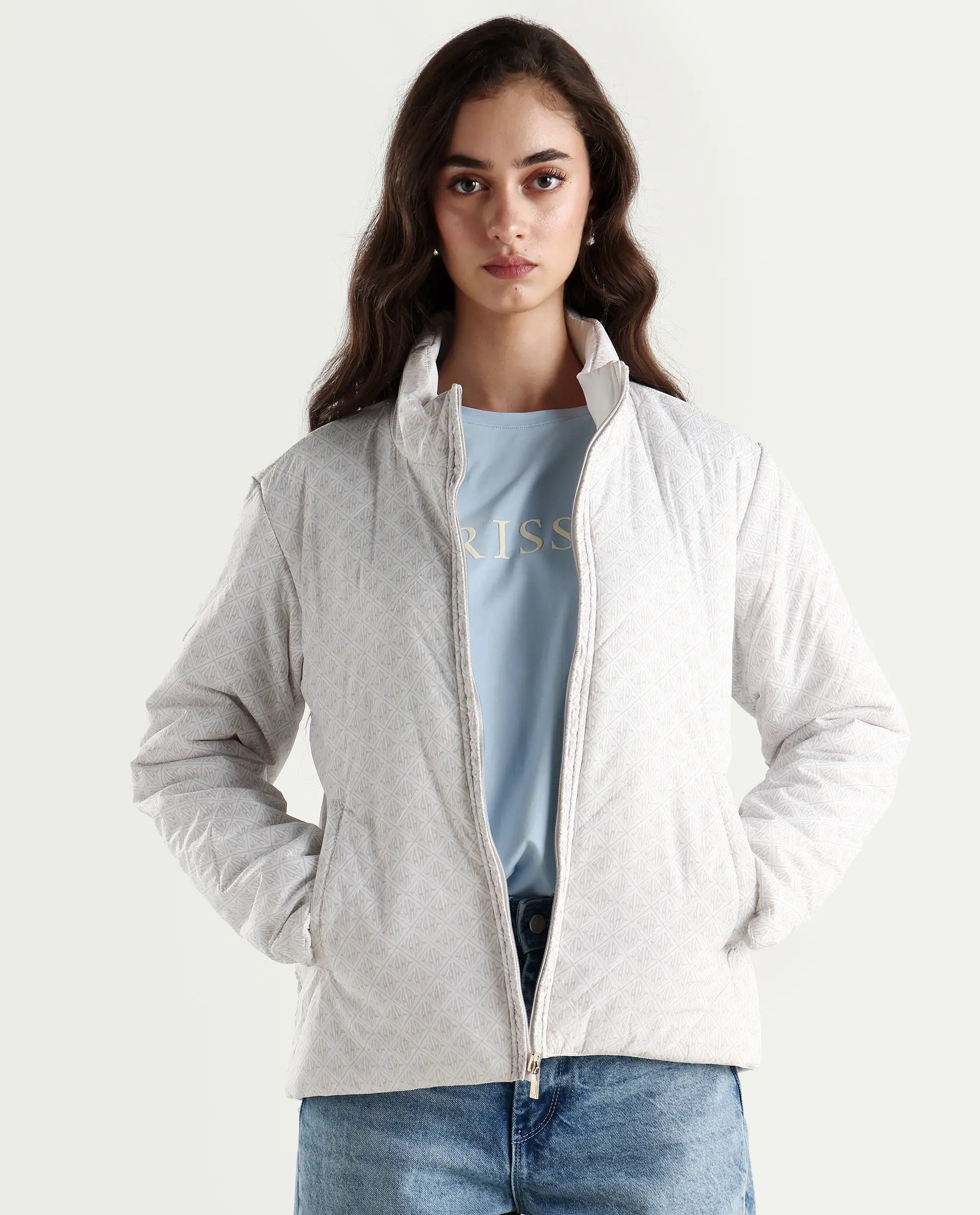 Rareism Women's Sapell Off White Polyester Stand Collar Geometric Print Boxy Fit Jacket