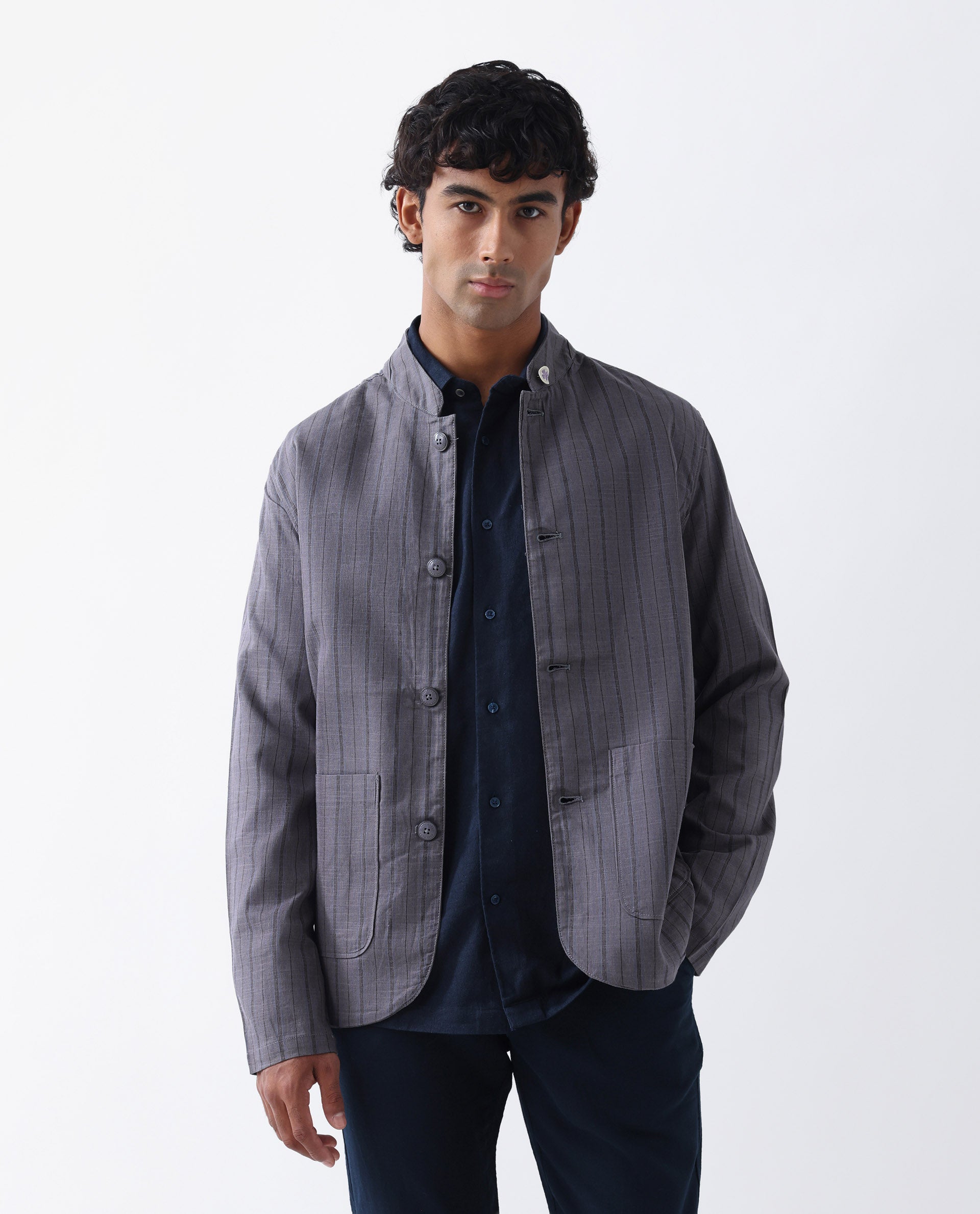 Rare Rabbit Men's Miler Dusky Purple Linen Blend Striped Print Regular Fit Full Sleeve Mandarin Collar Jacket