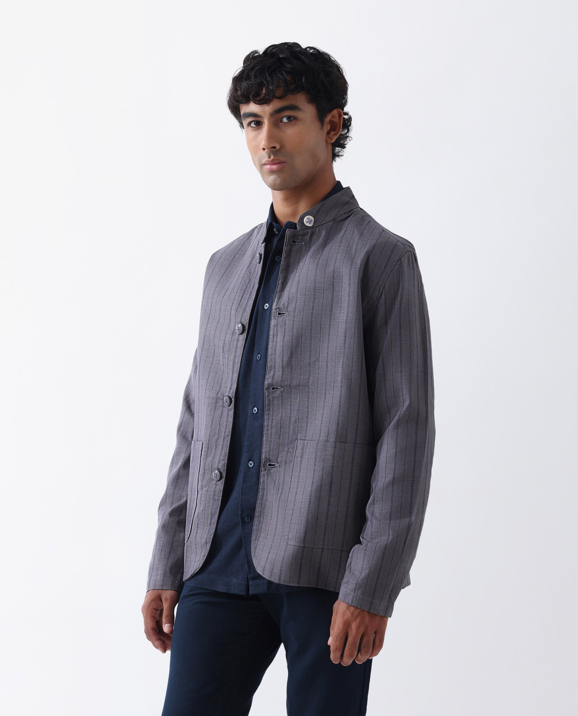 Rare Rabbit Men's Miler Dusky Purple Linen Blend Striped Print Regular Fit Full Sleeve Mandarin Collar Jacket