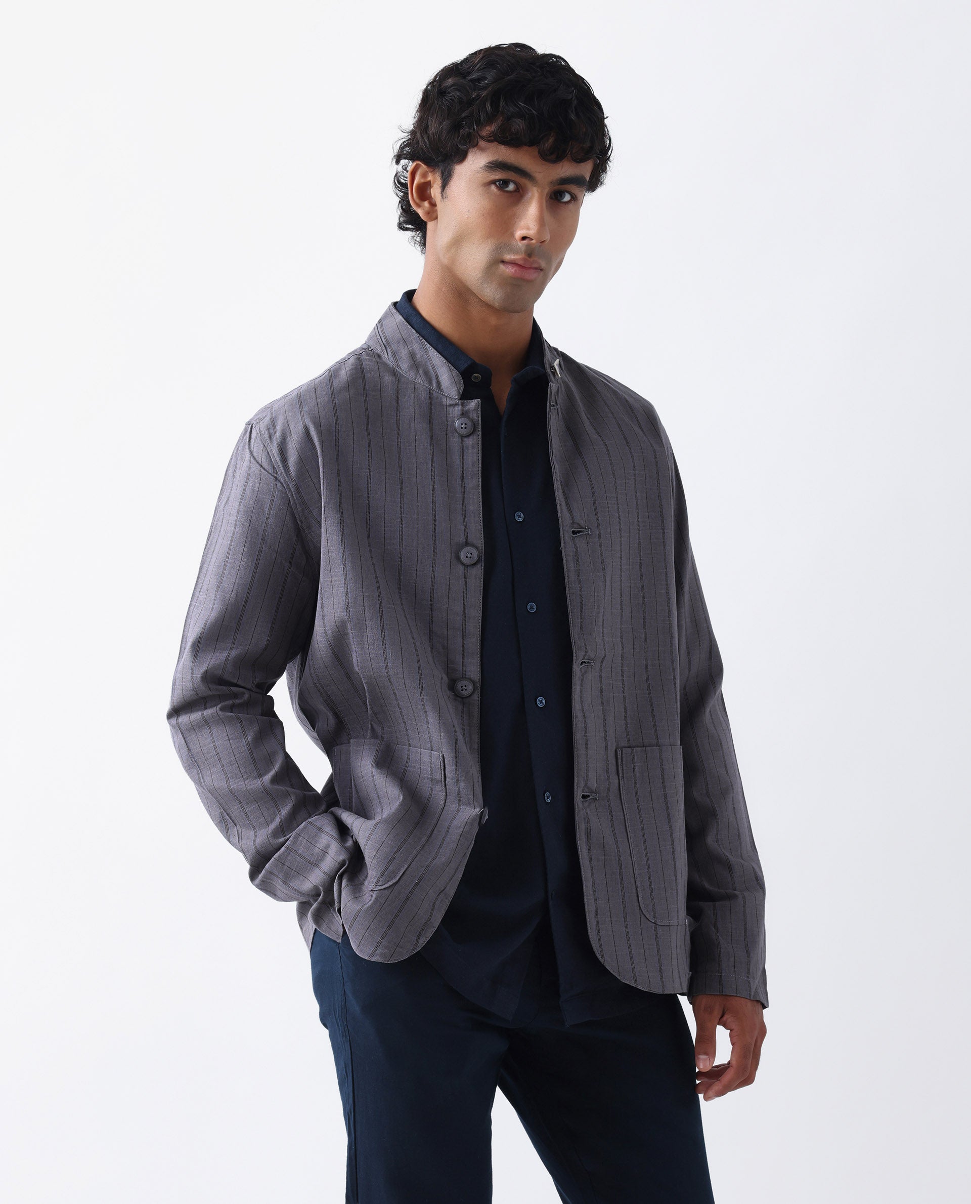 Rare Rabbit Men's Miler Dusky Purple Linen Blend Striped Print Regular Fit Full Sleeve Mandarin Collar Jacket