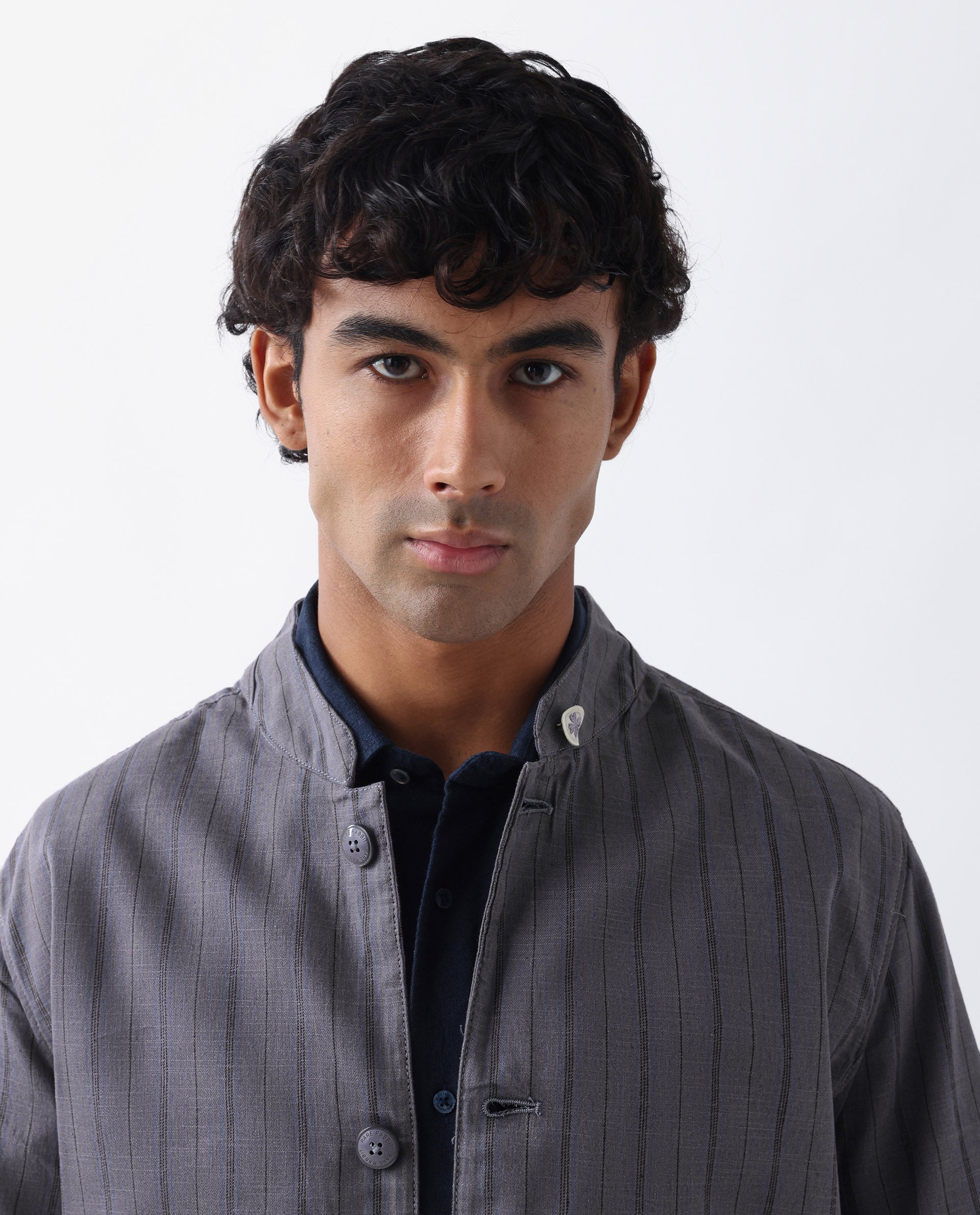 Rare Rabbit Men's Miler Dusky Purple Linen Blend Striped Print Regular Fit Full Sleeve Mandarin Collar Jacket