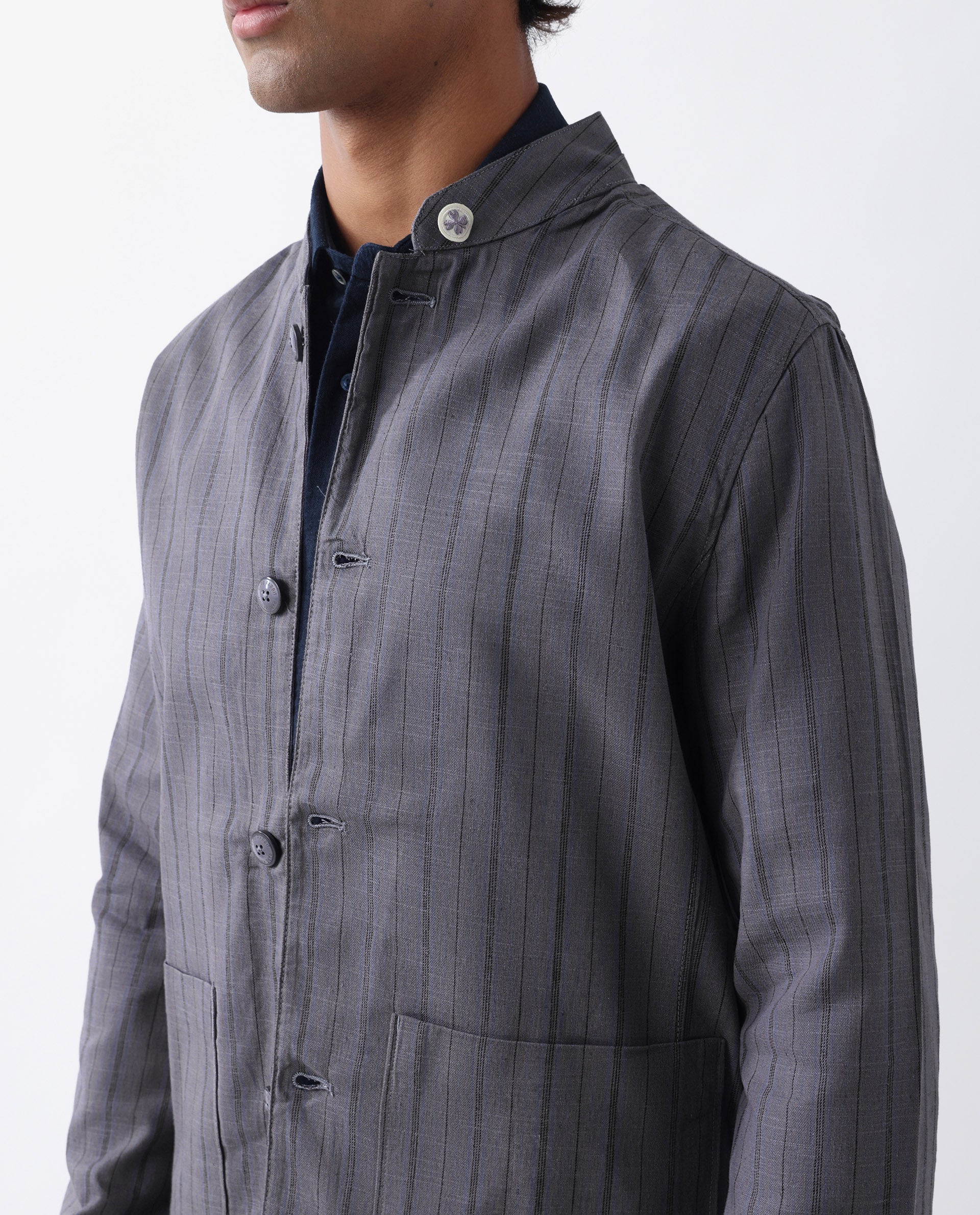 Rare Rabbit Men's Miler Dusky Purple Linen Blend Striped Print Regular Fit Full Sleeve Mandarin Collar Jacket