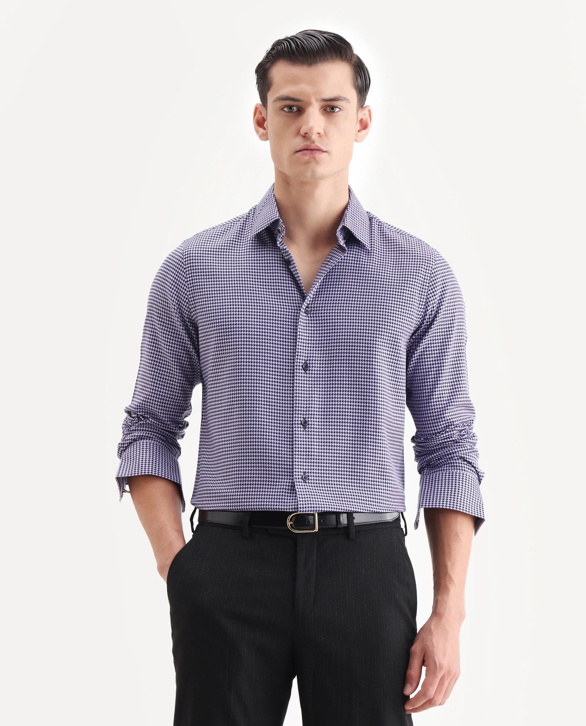 Rare Rabbit Men's Chesto Purple Cotton Blend Checked Print Regular Fit Full Sleeve Collared Shirt