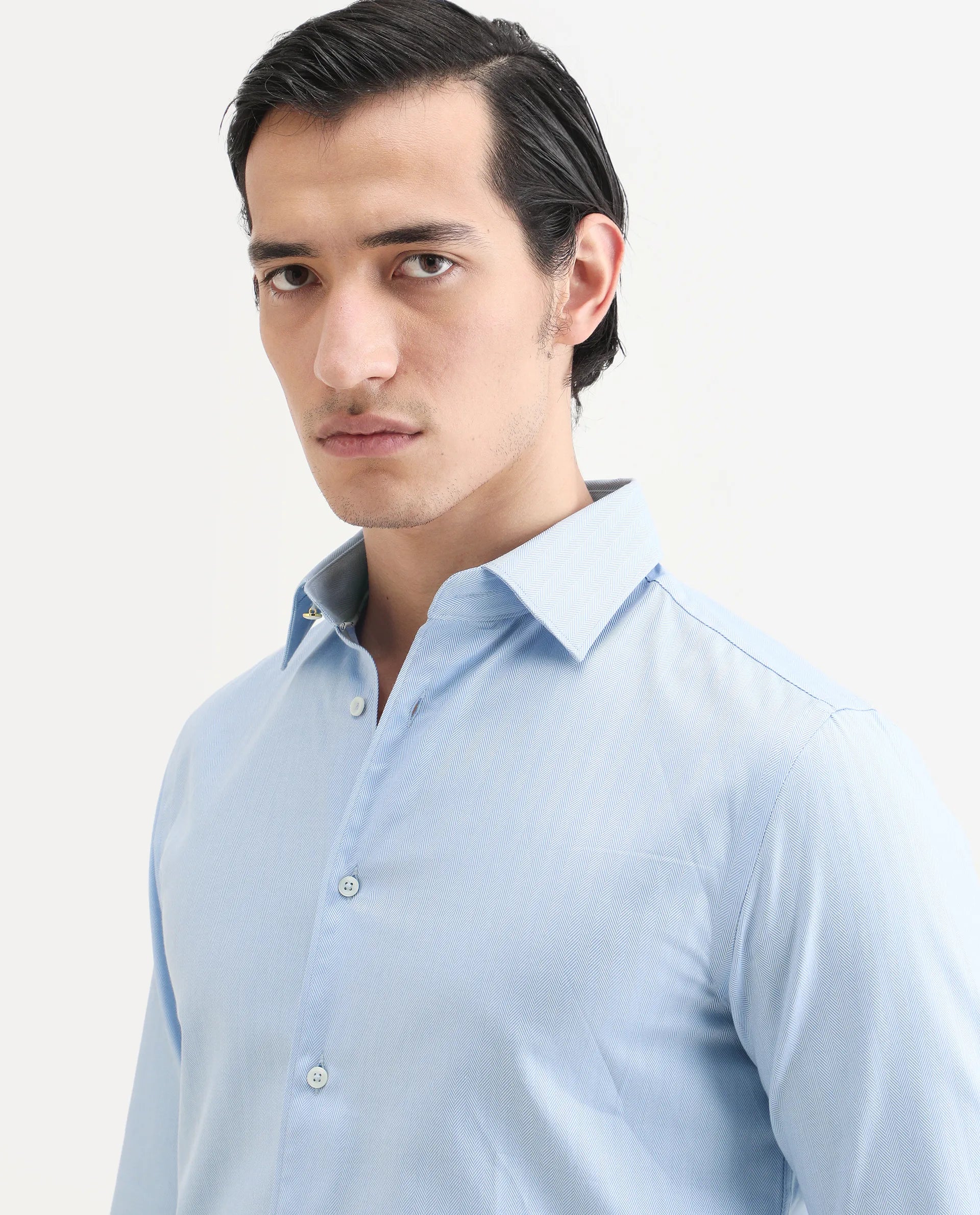 Rare Rabbit Men's Fargo Blue Plain Regular Fit Full Sleeve Collared Shirt