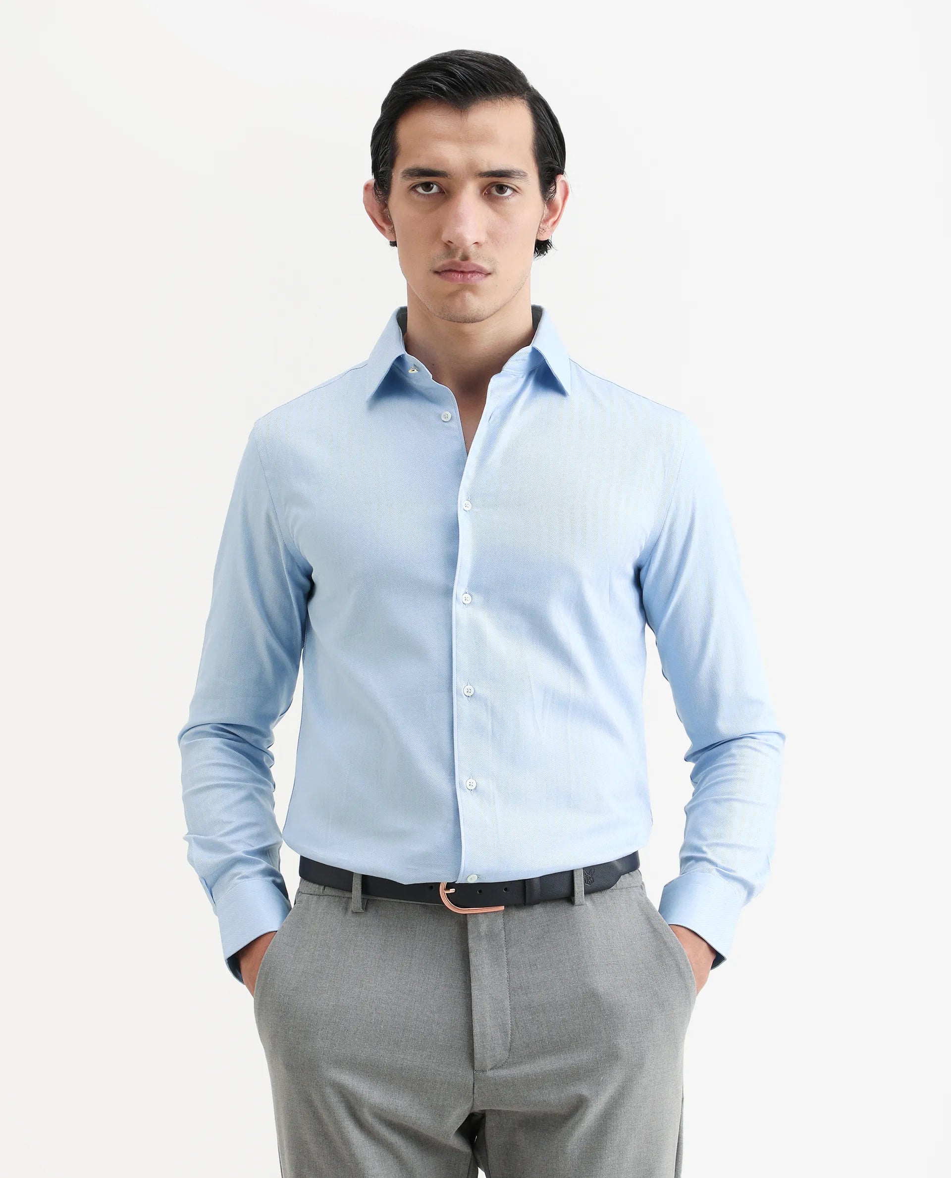 Rare Rabbit Men's Fargo Blue Plain Regular Fit Full Sleeve Collared Shirt