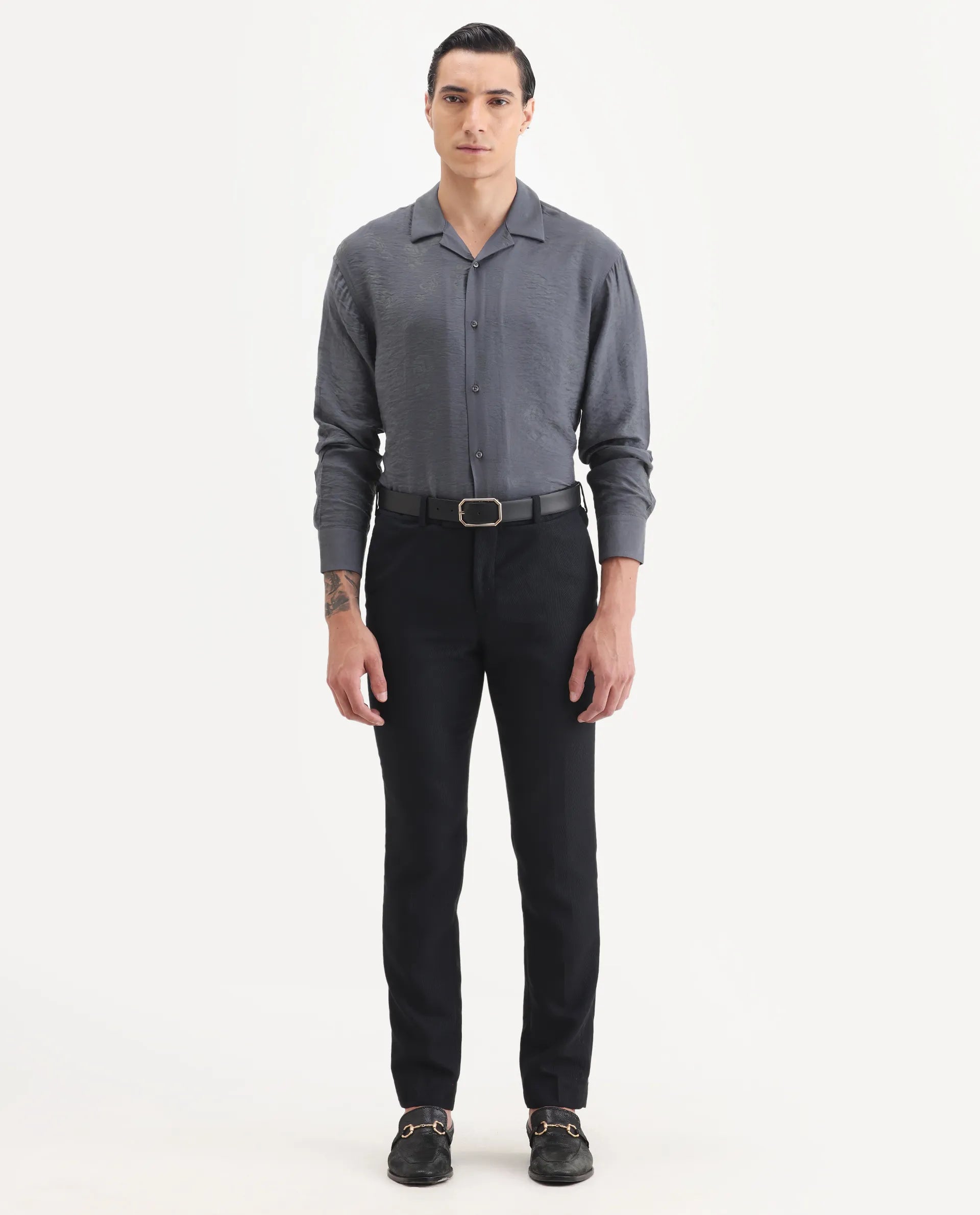 Rare Rabbit Men's Redif Grey Cotton Blend Floral Print Regular Fit Full Sleeve Collared Shirt