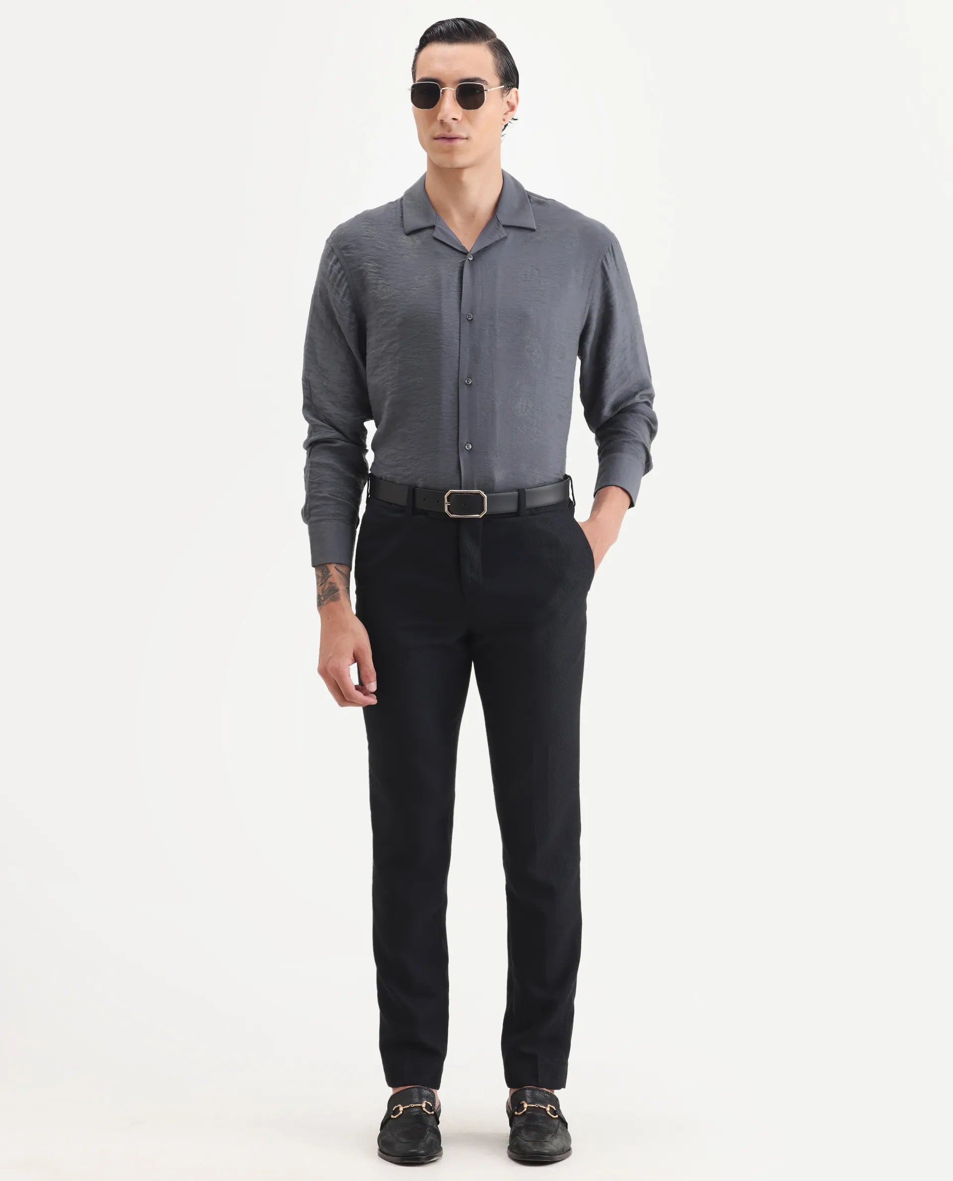 Rare Rabbit Men's Redif Grey Cotton Blend Floral Print Regular Fit Full Sleeve Collared Shirt