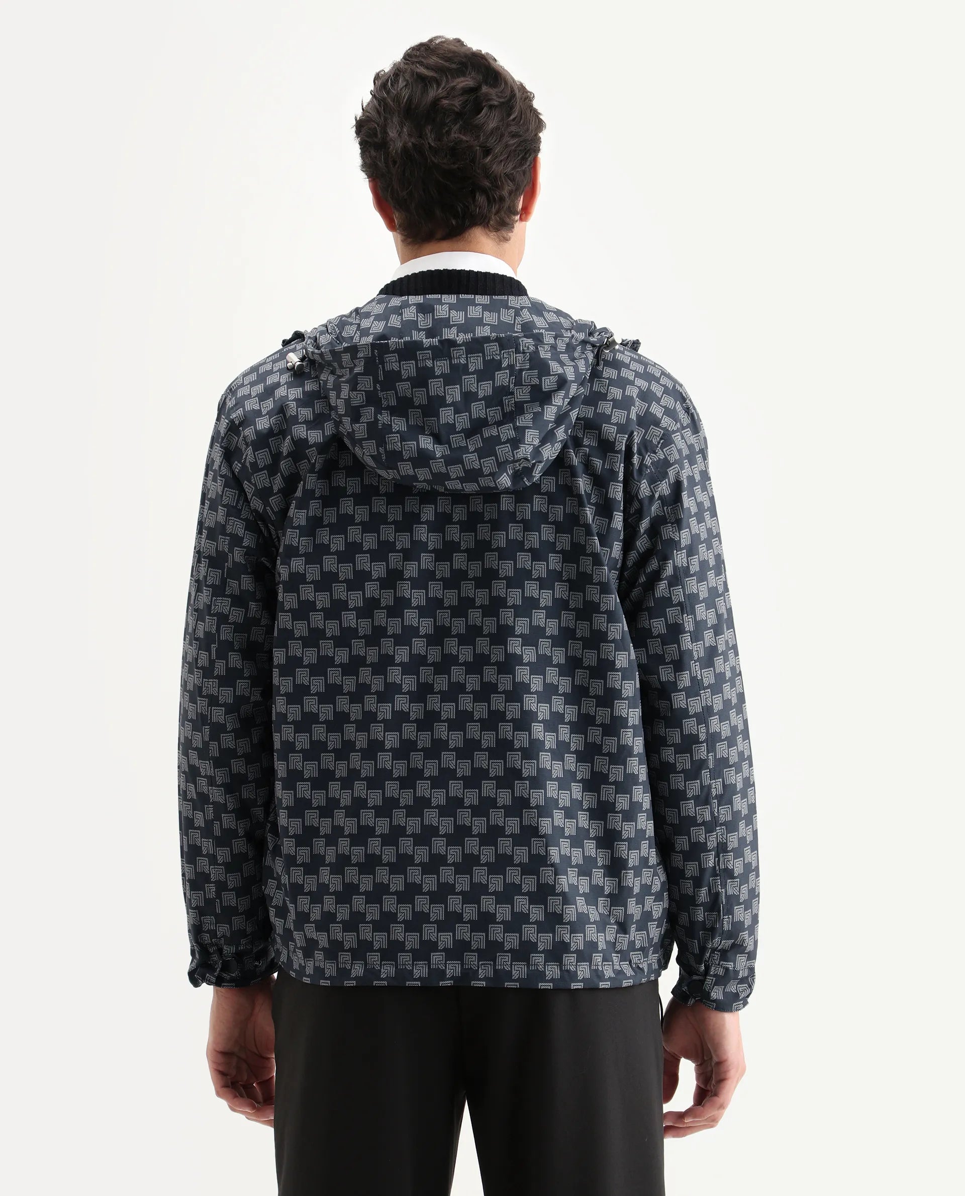 Rare Rabbit Men's Sappon Navy Nylon Monogram Print Boxy Fit Full Sleeve High Neck Jacket