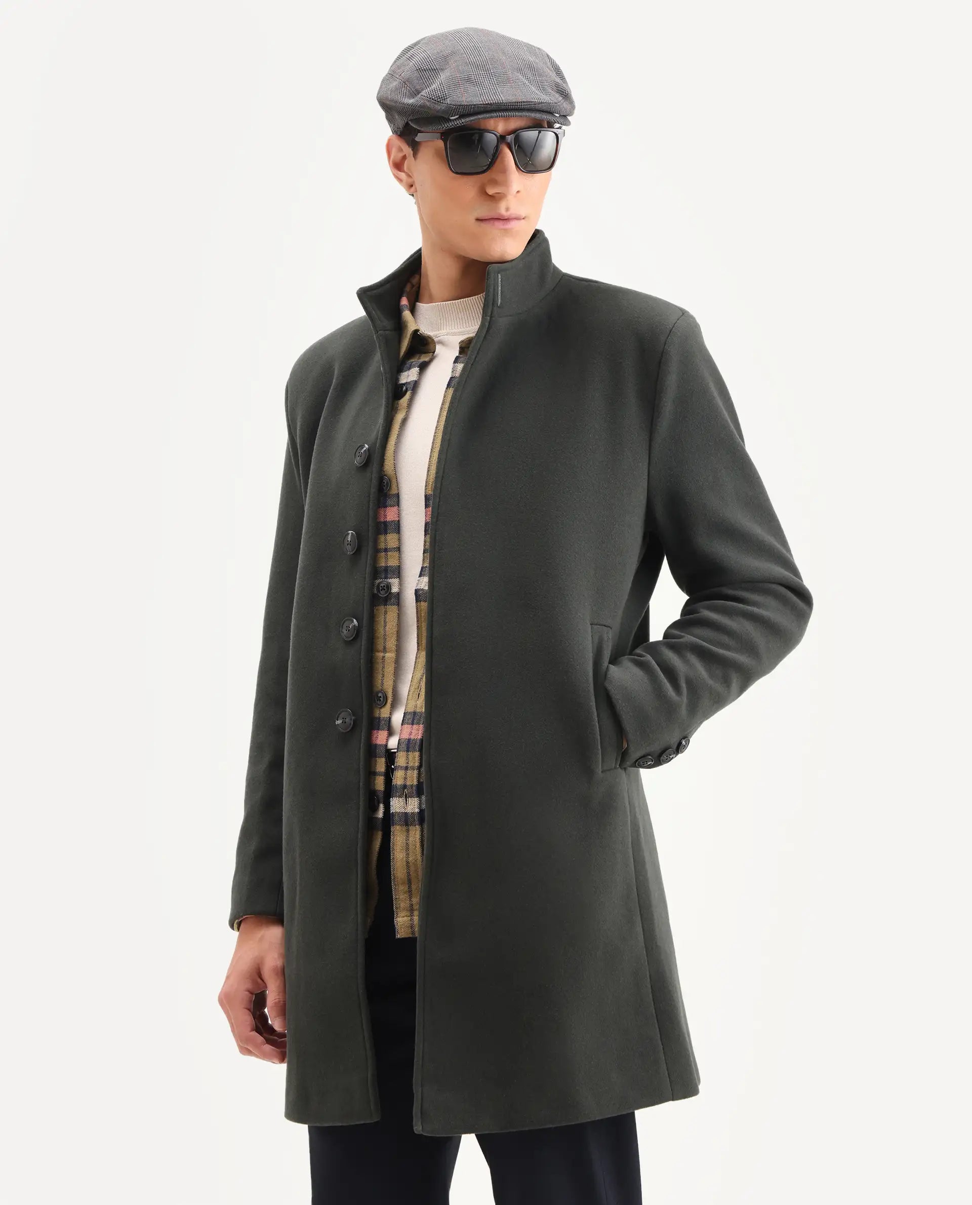 Rare Rabbit Men's Dune-2 Olive Polyester Blend Plain Relaxed Fit Full Sleeve High Neck Coat