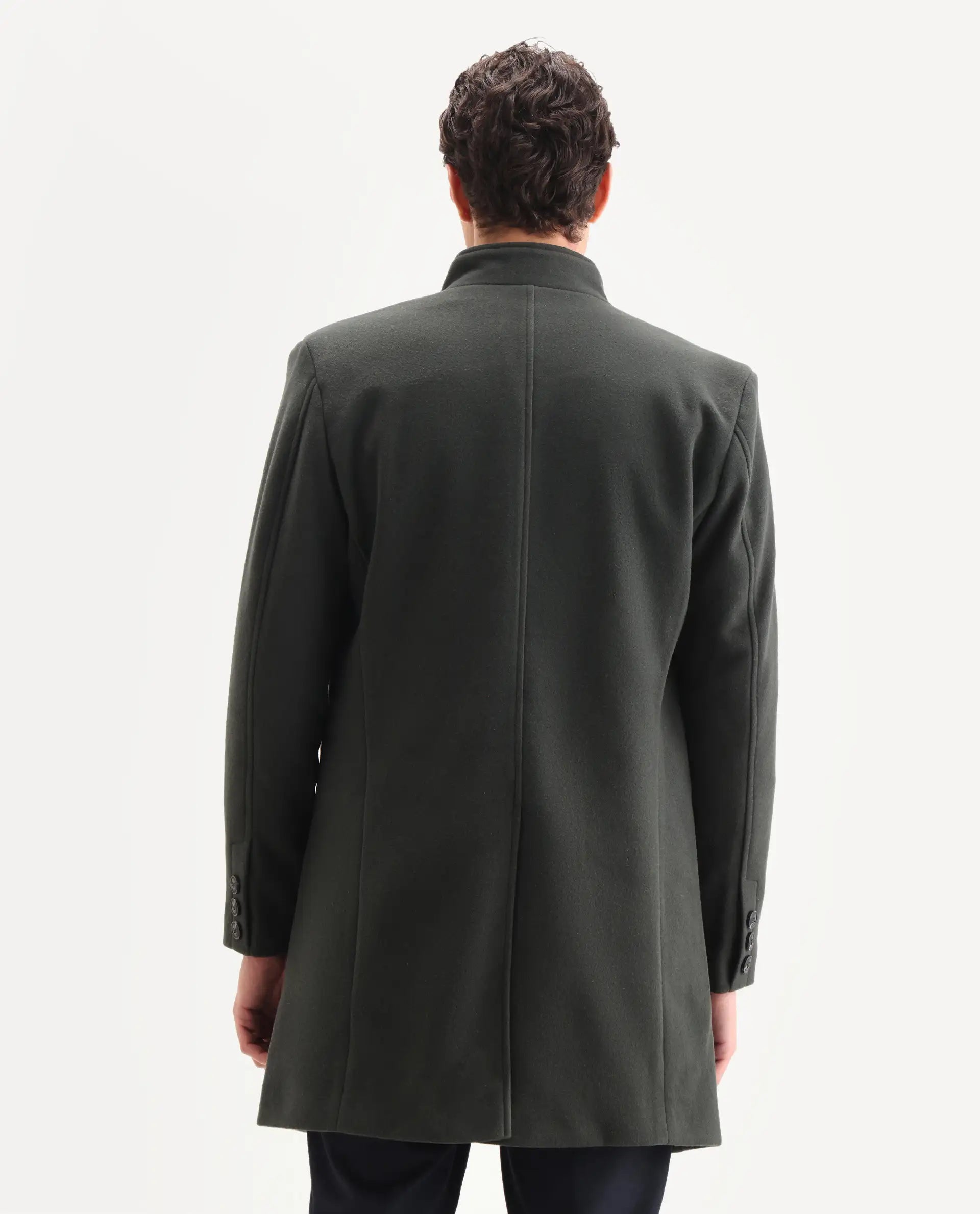 Rare Rabbit Men's Dune-2 Olive Polyester Blend Plain Relaxed Fit Full Sleeve High Neck Coat