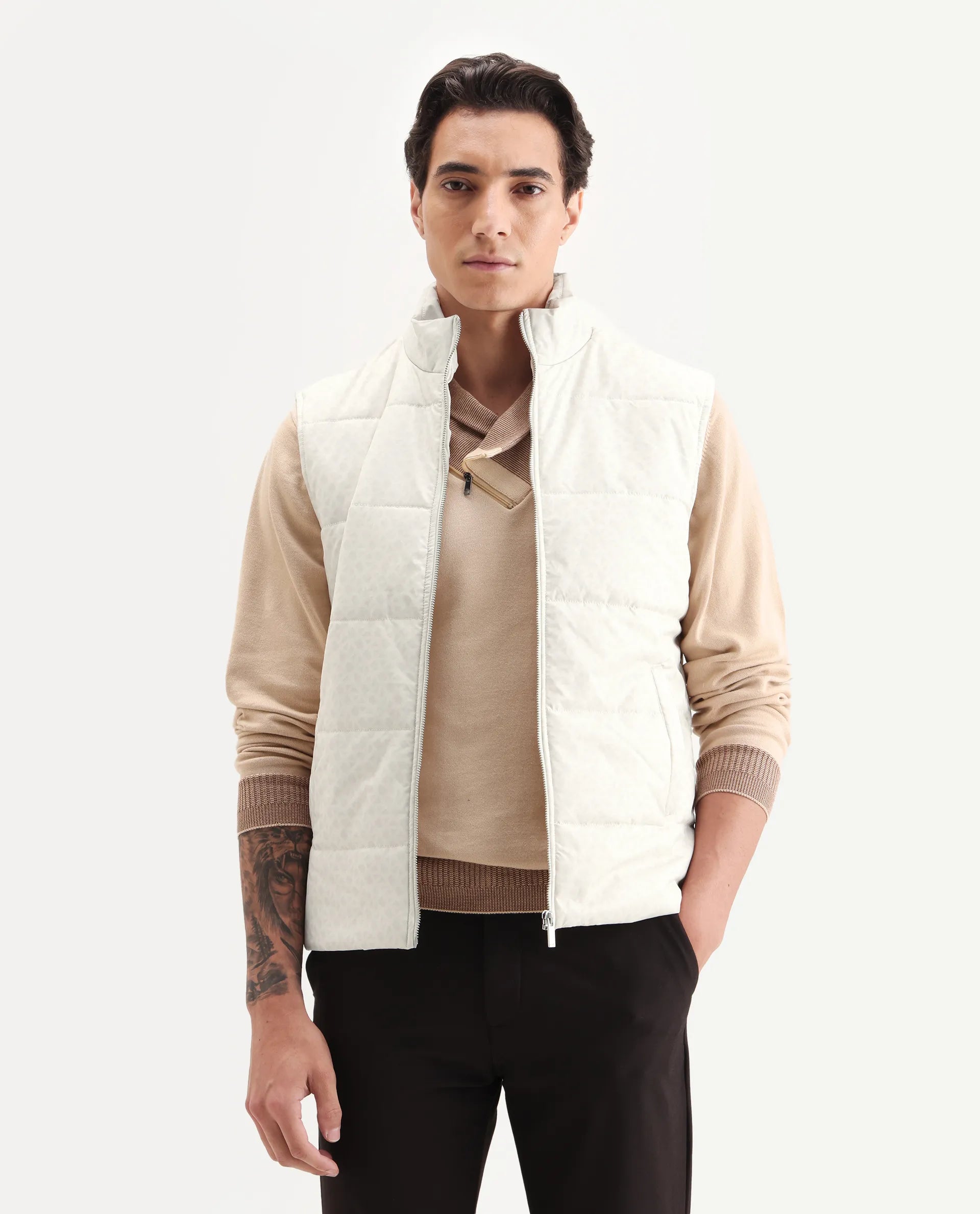 Rare Rabbit Men's Darif White Polyester Printed Regular Fit Sleeveless High Neck Jacket