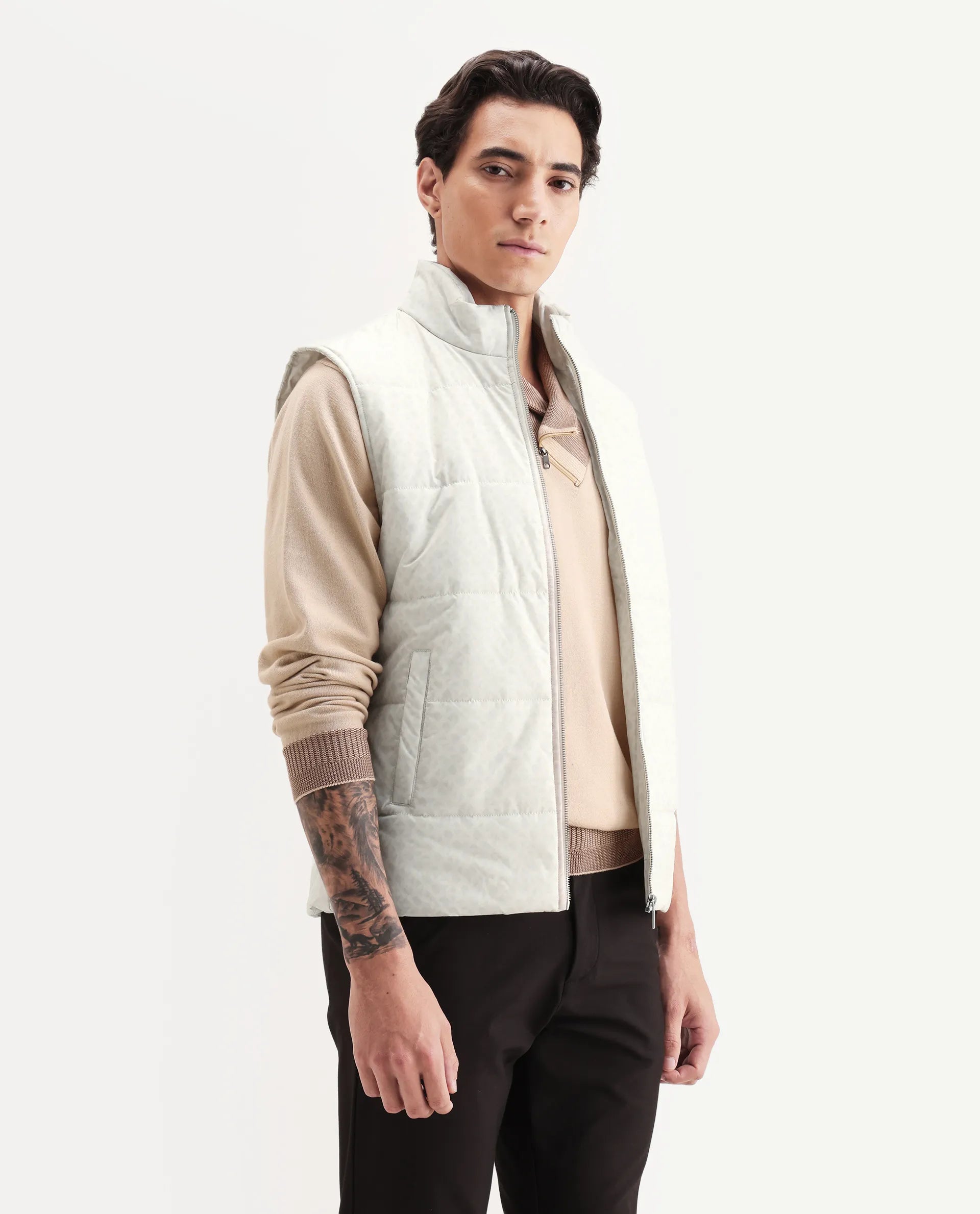 Rare Rabbit Men's Darif White Polyester Printed Regular Fit Sleeveless High Neck Jacket