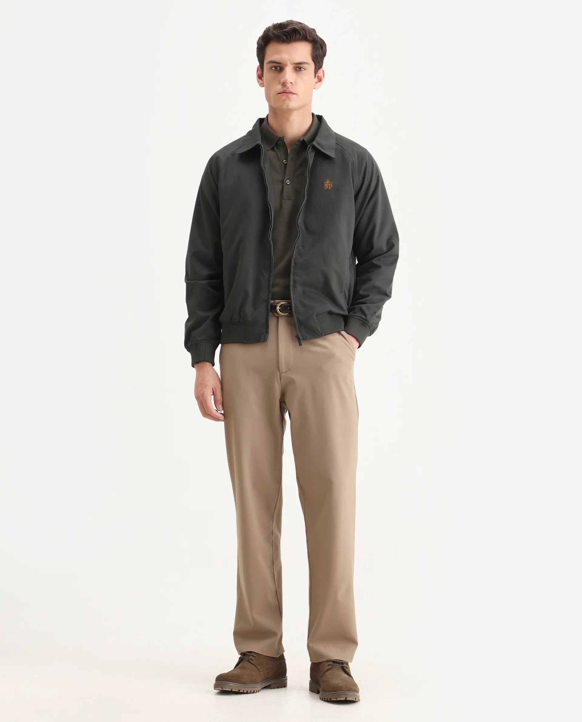 Rare Rabbit Men's Clayon Olive Polyester Embroidered Regular Fit Full Sleeve Spread Collar Jacket