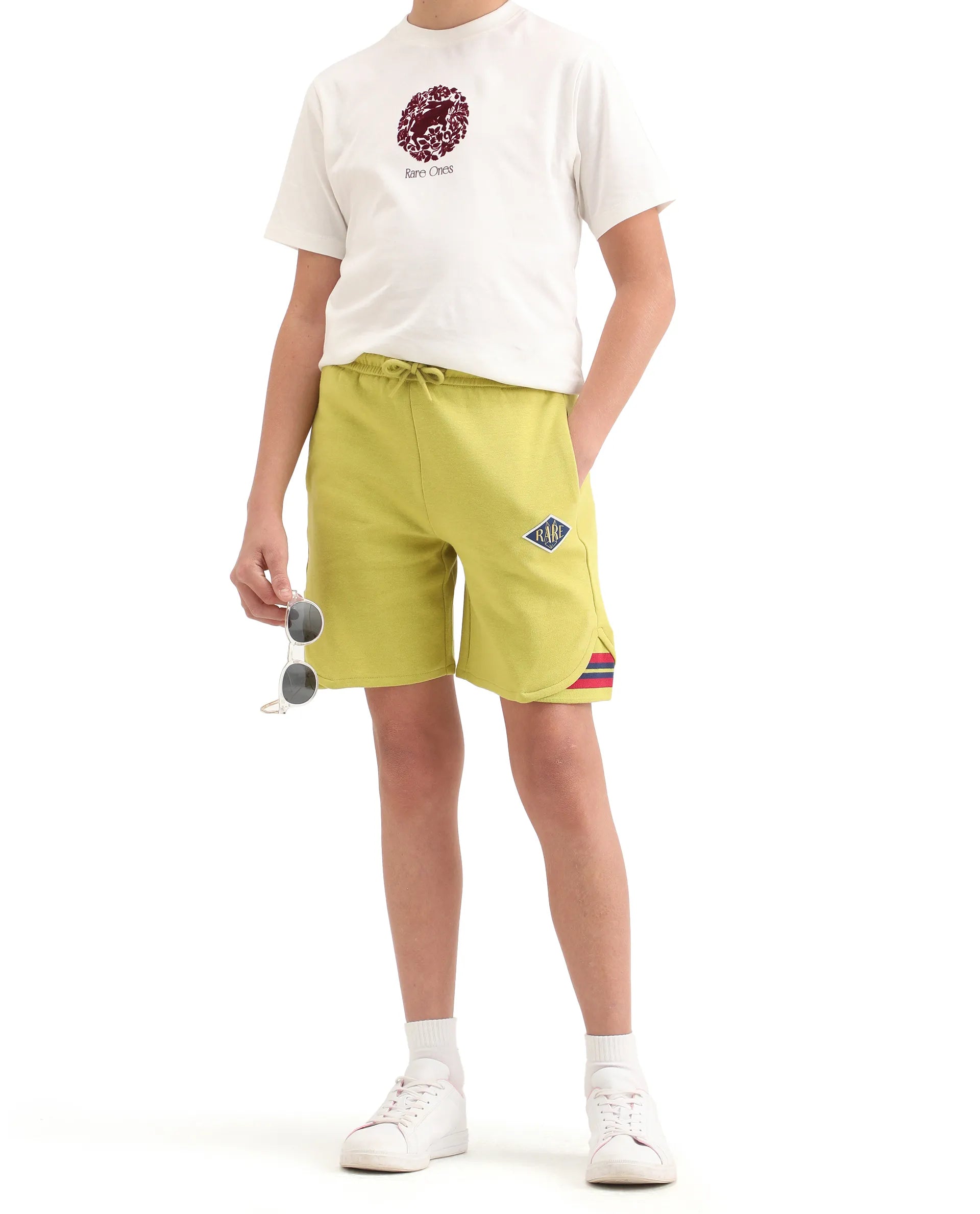 Rare Ones Kids Mantz Light Green Cotton Poly Drawstring Applique Short