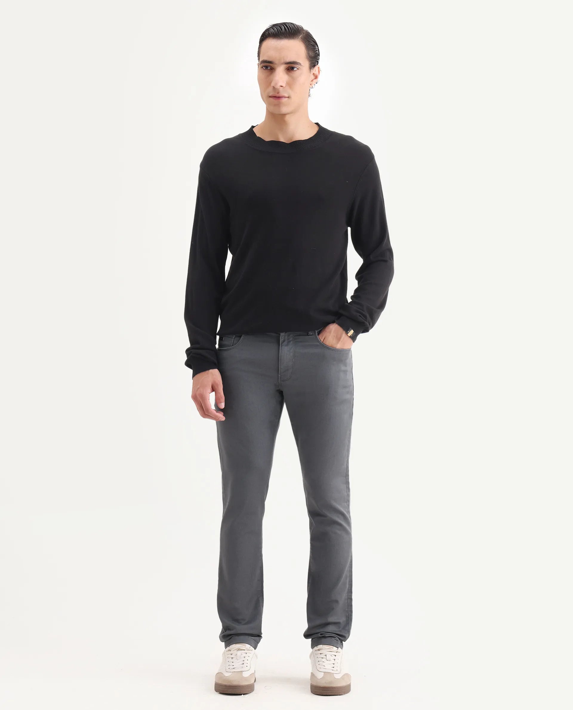 Rare Rabbit Men's Corvo Dark Grey Cotton Blend Plain Hawk Slim Fit Jeans