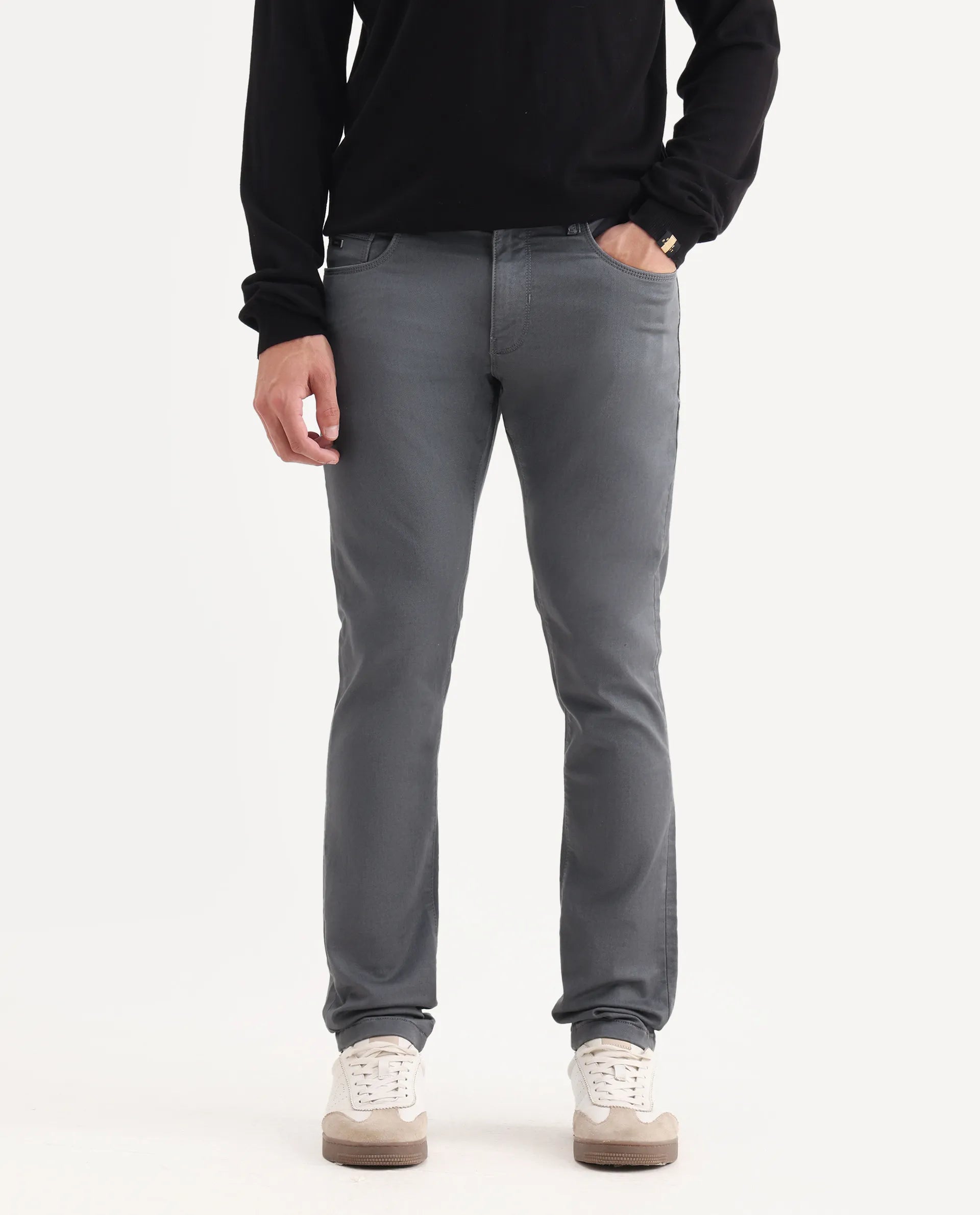 Rare Rabbit Men's Corvo Dark Grey Cotton Blend Plain Hawk Slim Fit Jeans