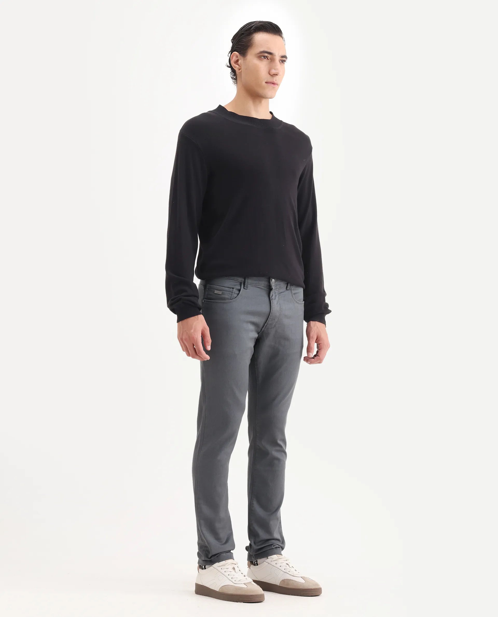 Rare Rabbit Men's Corvo Dark Grey Cotton Blend Plain Hawk Slim Fit Jeans